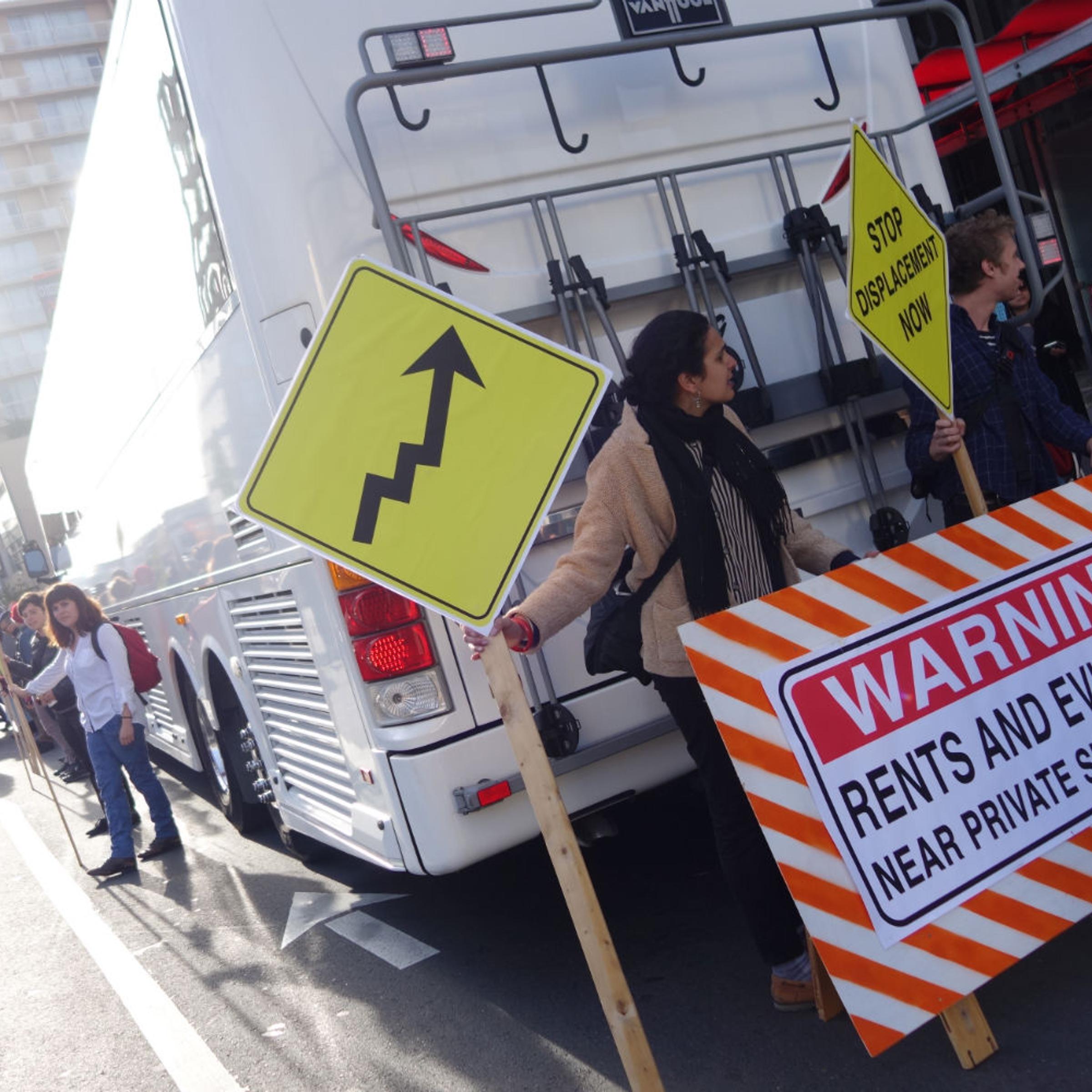 Protestors blockade private shuttle carrying tech industry employees from their homes in San Francisco to their jobs at the company's campus in Silicon Valley.