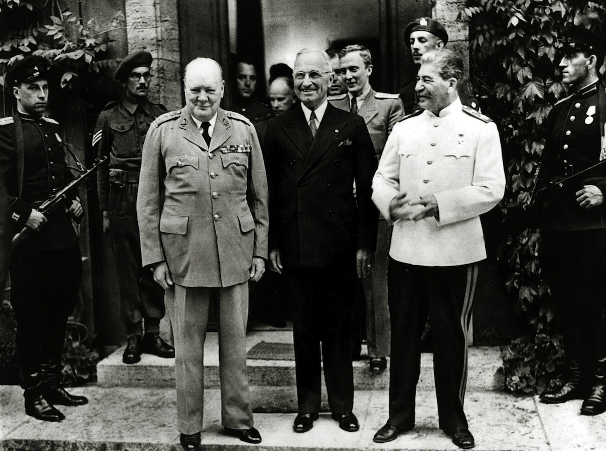 Politics. Personalities. USA. pic: 1945. President Harry S. Truman, centre pictured with Winston Churchill and Josef Stalin at the Potsdam Conference. Harry S.Truman (1884-1972) became the 33rd President of the United States 1945-1953. He helped instigat