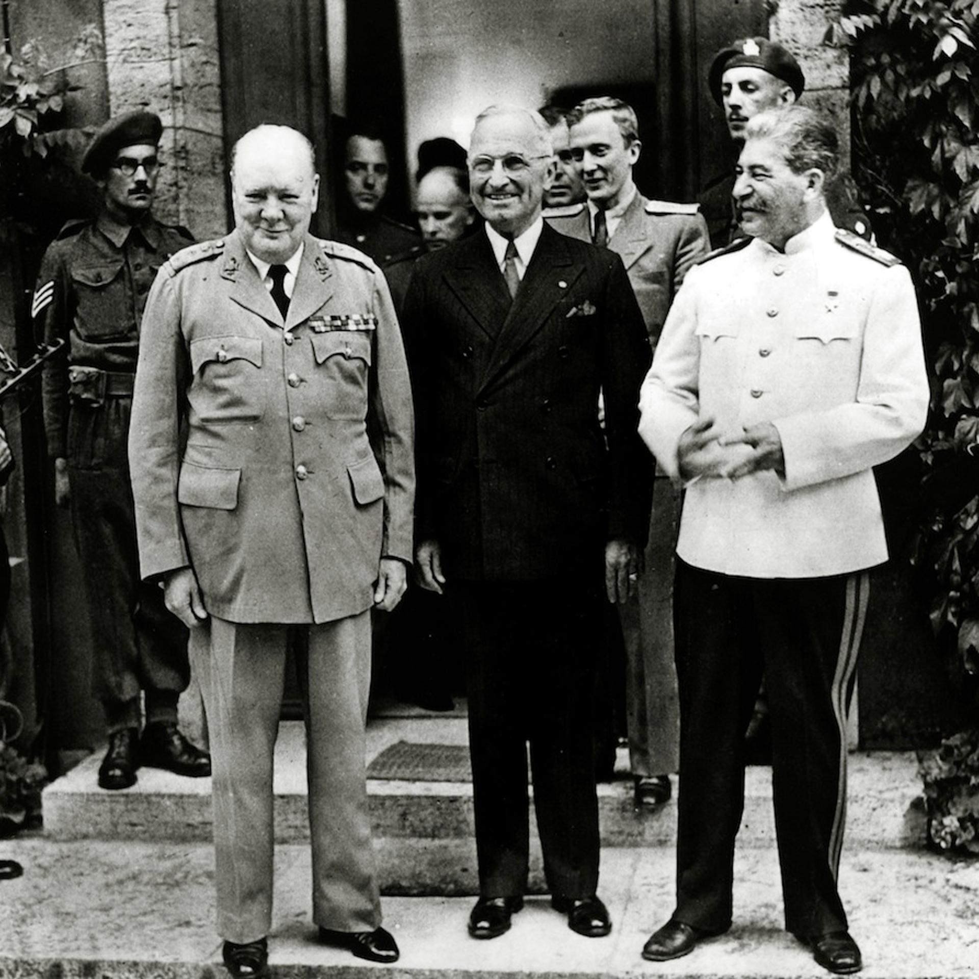 Politics. Personalities. USA. pic: 1945. President Harry S. Truman, centre pictured with Winston Churchill and Josef Stalin at the Potsdam Conference. Harry S.Truman (1884-1972) became the 33rd President of the United States 1945-1953. He helped instigat