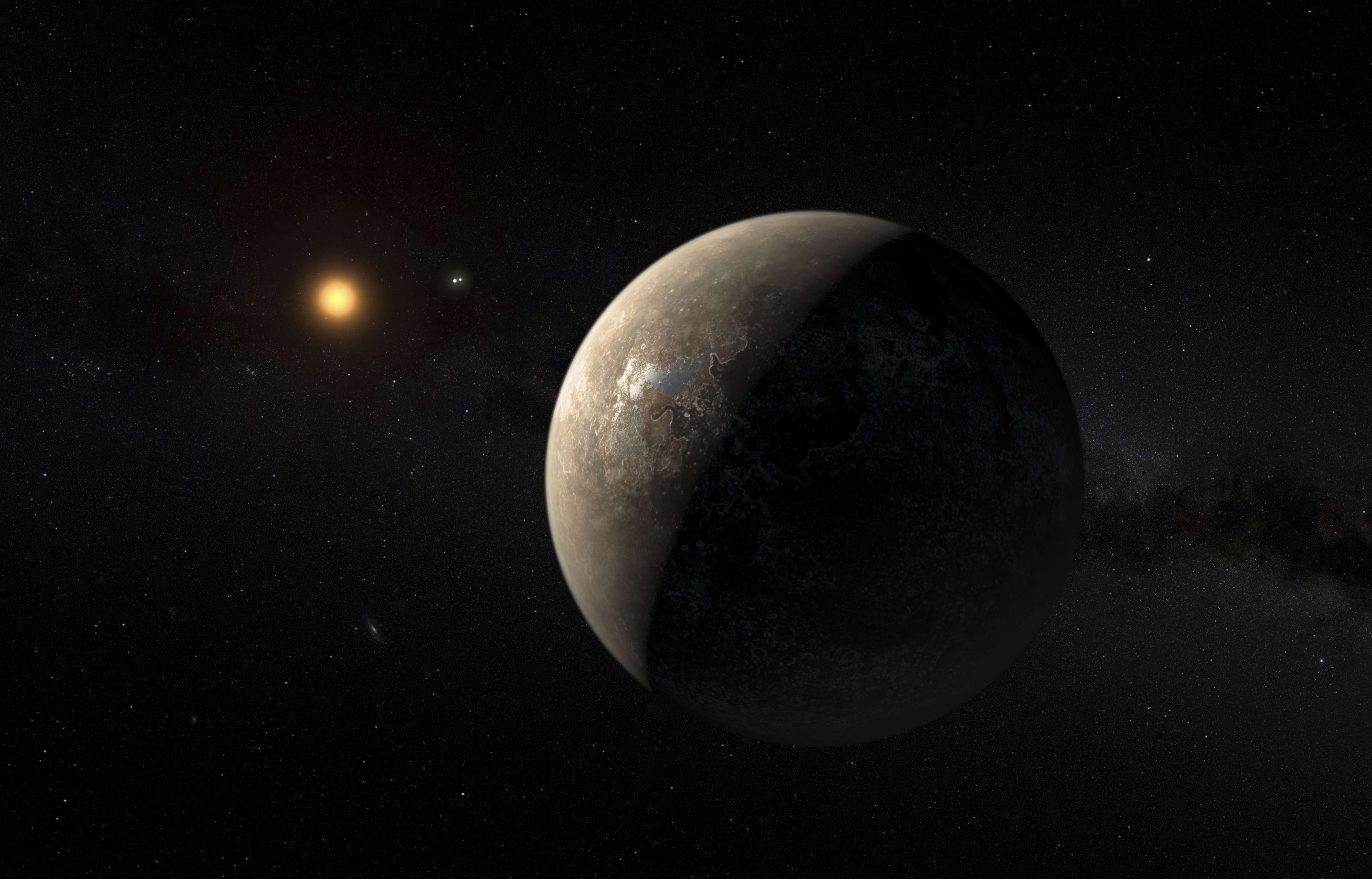The planet Proxima b orbiting the red dwarf star Proxima Centauri, the closest star to our Solar System, is seen in an undated artist's impression