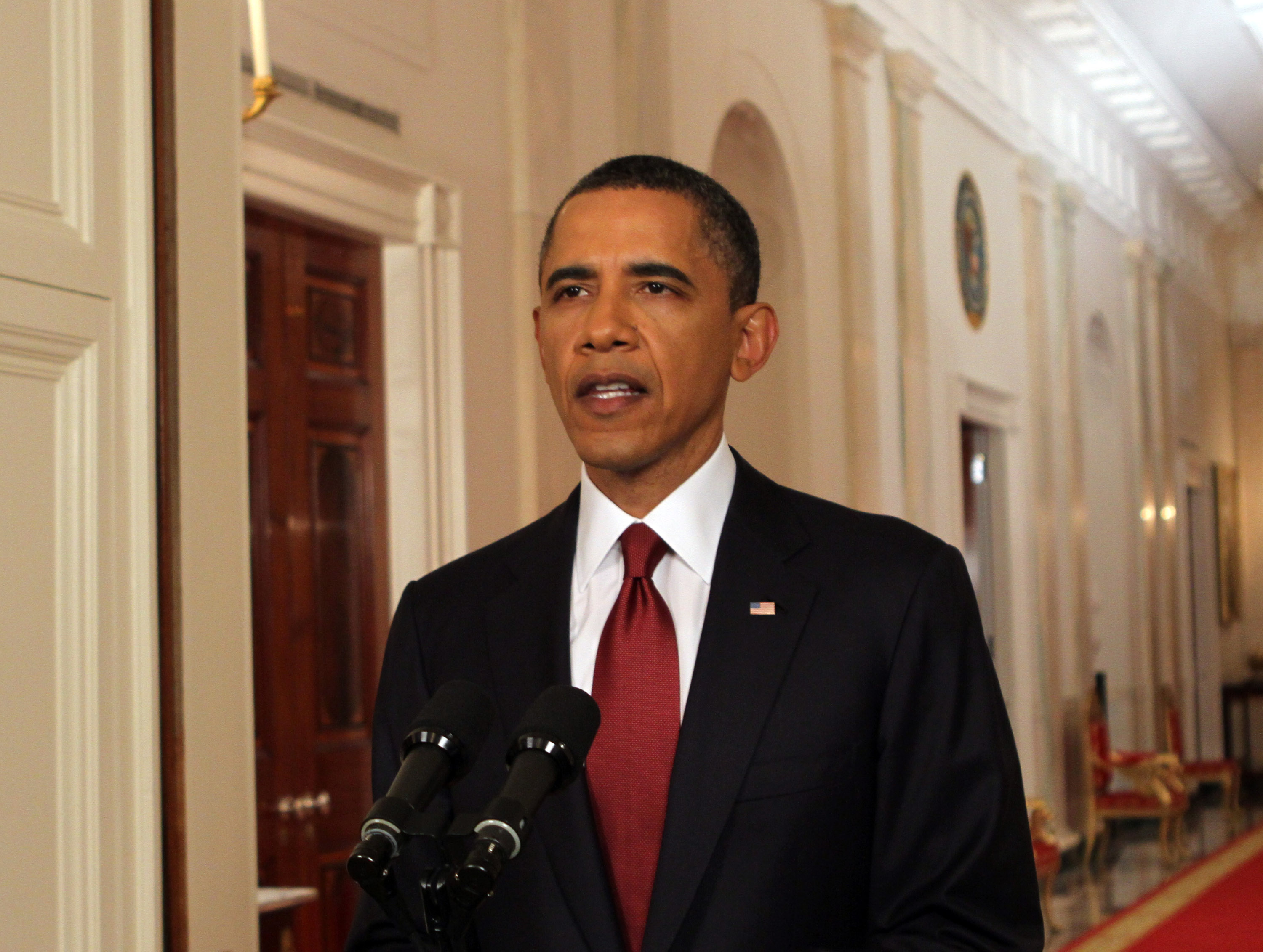 US President Barack Obama re creates his speach announcing the death of Osama Bin Laden at The White ouse in Washington DC, May 1, 2011.