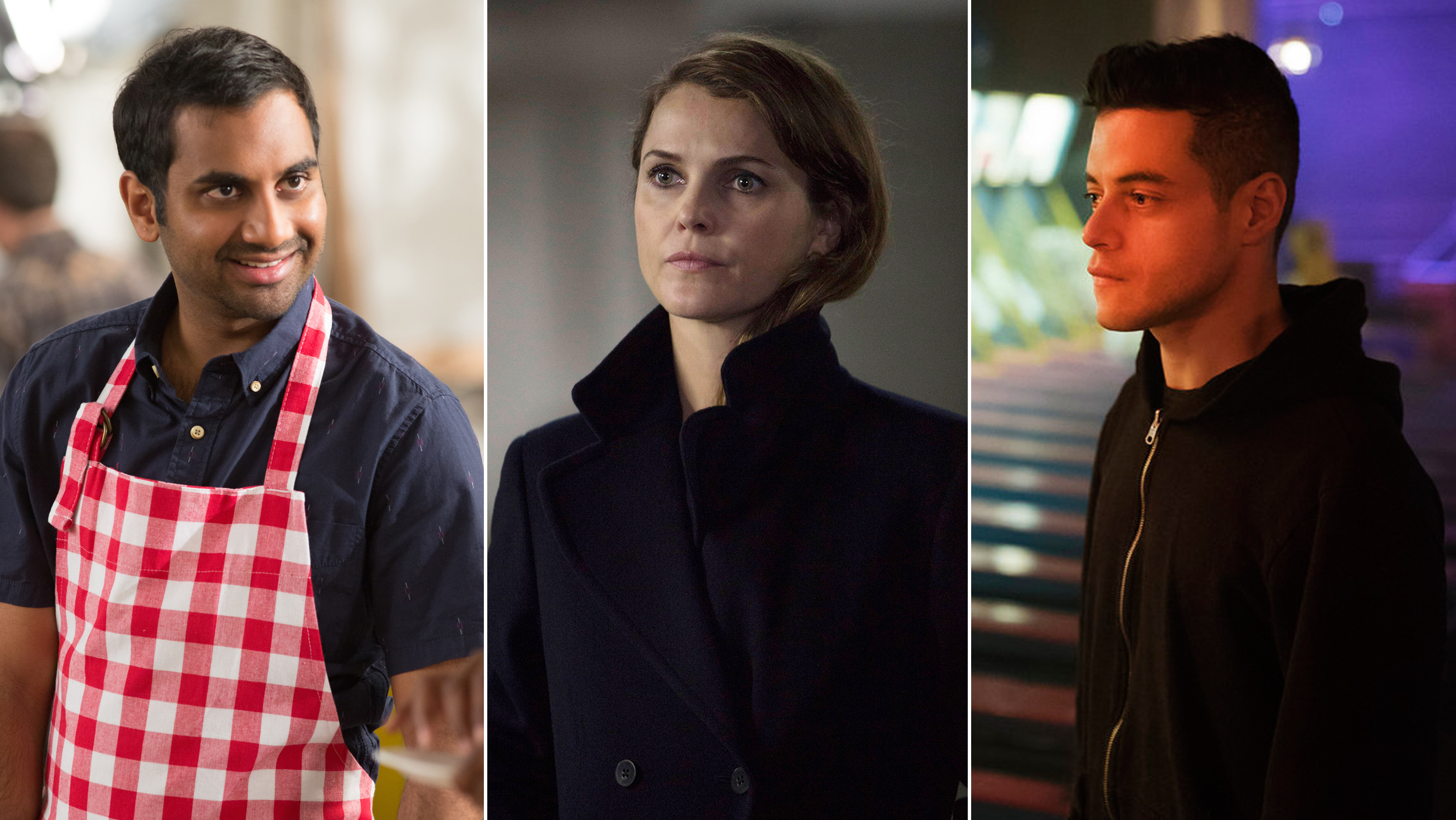From left: Aziz Ansari in Master of None, Keri Russell in The Americans, and Rami Malek in Mr. Robot.