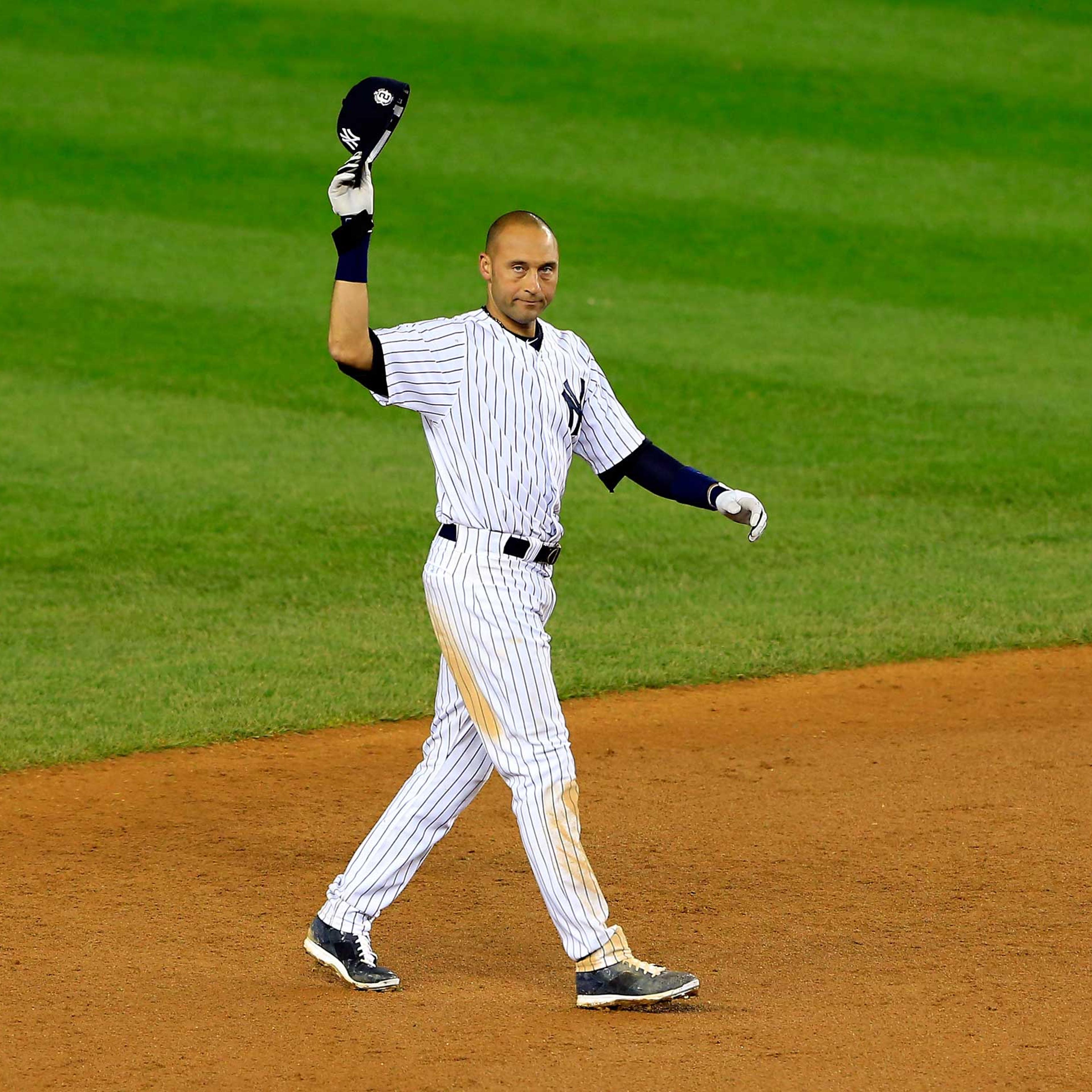 Derek Jeter gestures to the fans after a game winning RBI hit in the ninth inning against the Baltimore Orioles in his last game ever at Yankee Stadium on Sept. 25, 2014.