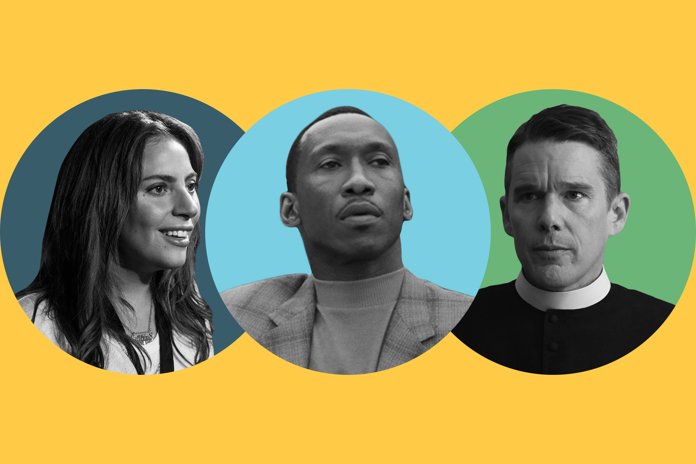 Lady Gaga in 'A Star is Born'; Mahershala Ali in 'Green Book'; Ethan Hawke in 'First Reformed'