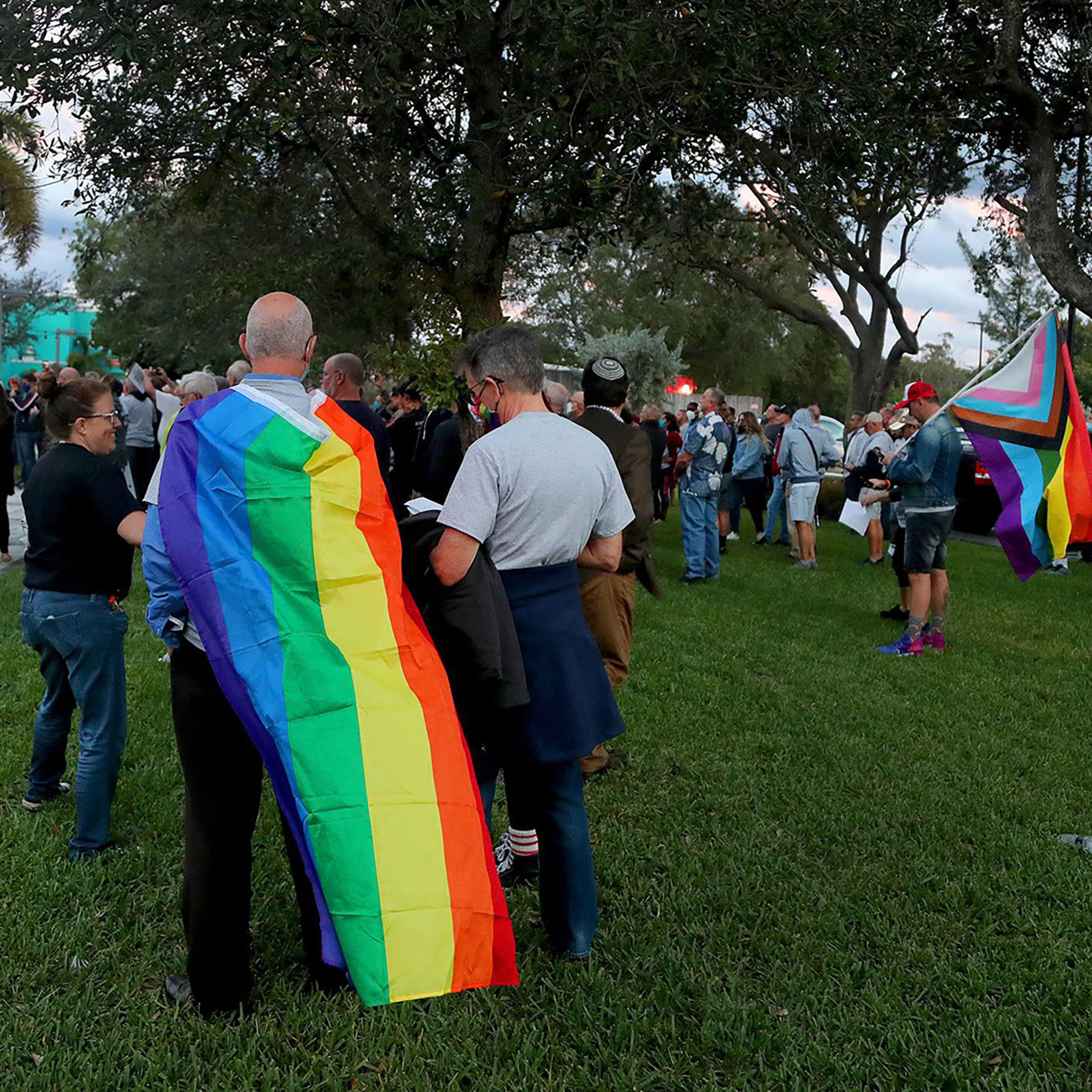Supporters gather for a Safe Schools South Florida & Friends rally to push back against Florida's so-called "Don't Say Gay" bill (HB 1557/SB 1834) at the Pride Center in Wilton Manors, Fla. on Feb. 2, 2022.