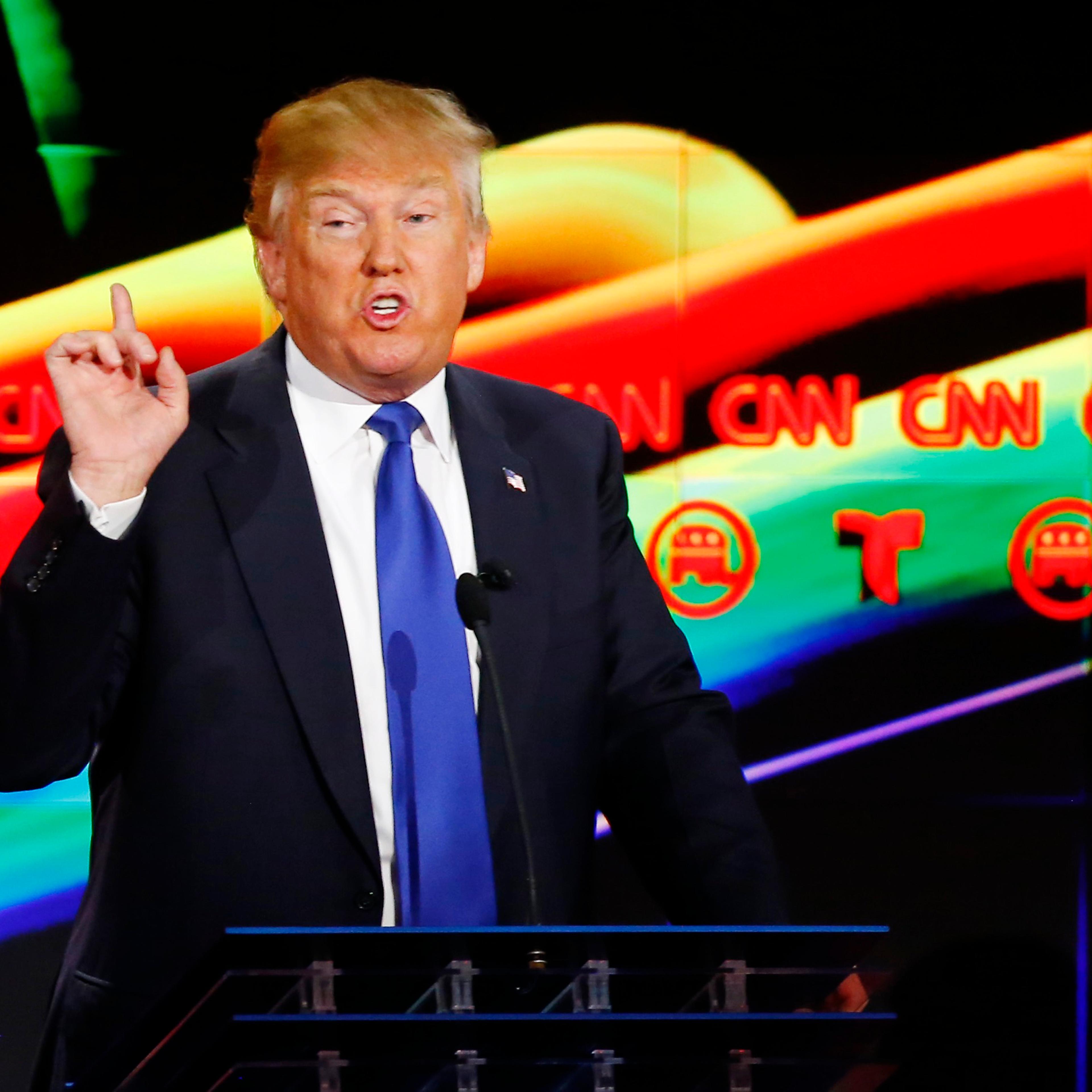 Republican U.S. presidential candidate Donald Trump speaks at the debate sponsored by CNN for the 2016 Republican U.S. presidential candidates in Houston