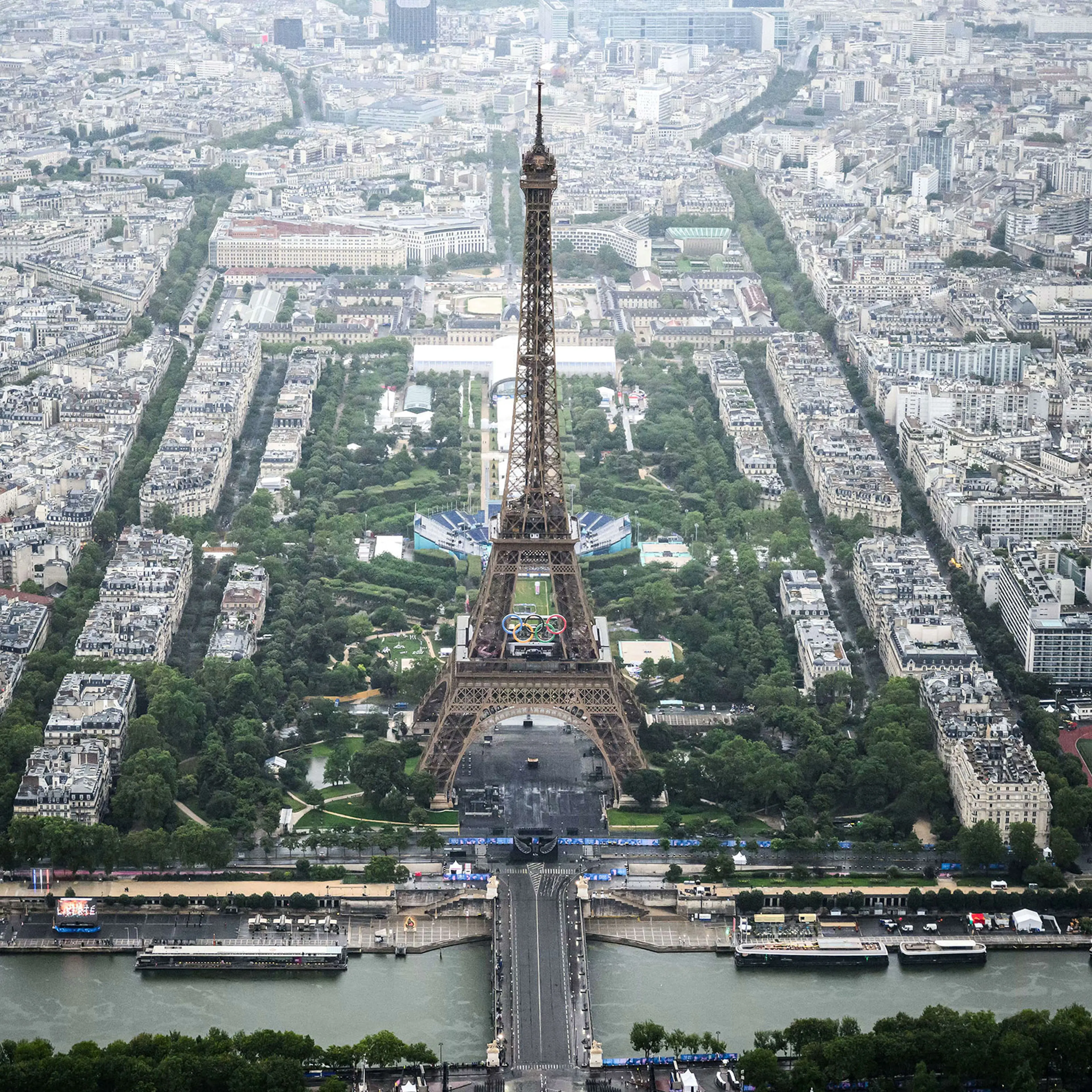 An aerial view of Eiffel Tower during the opening ceremony of the Paris 2024 Olympic Games on July 26, 2024.