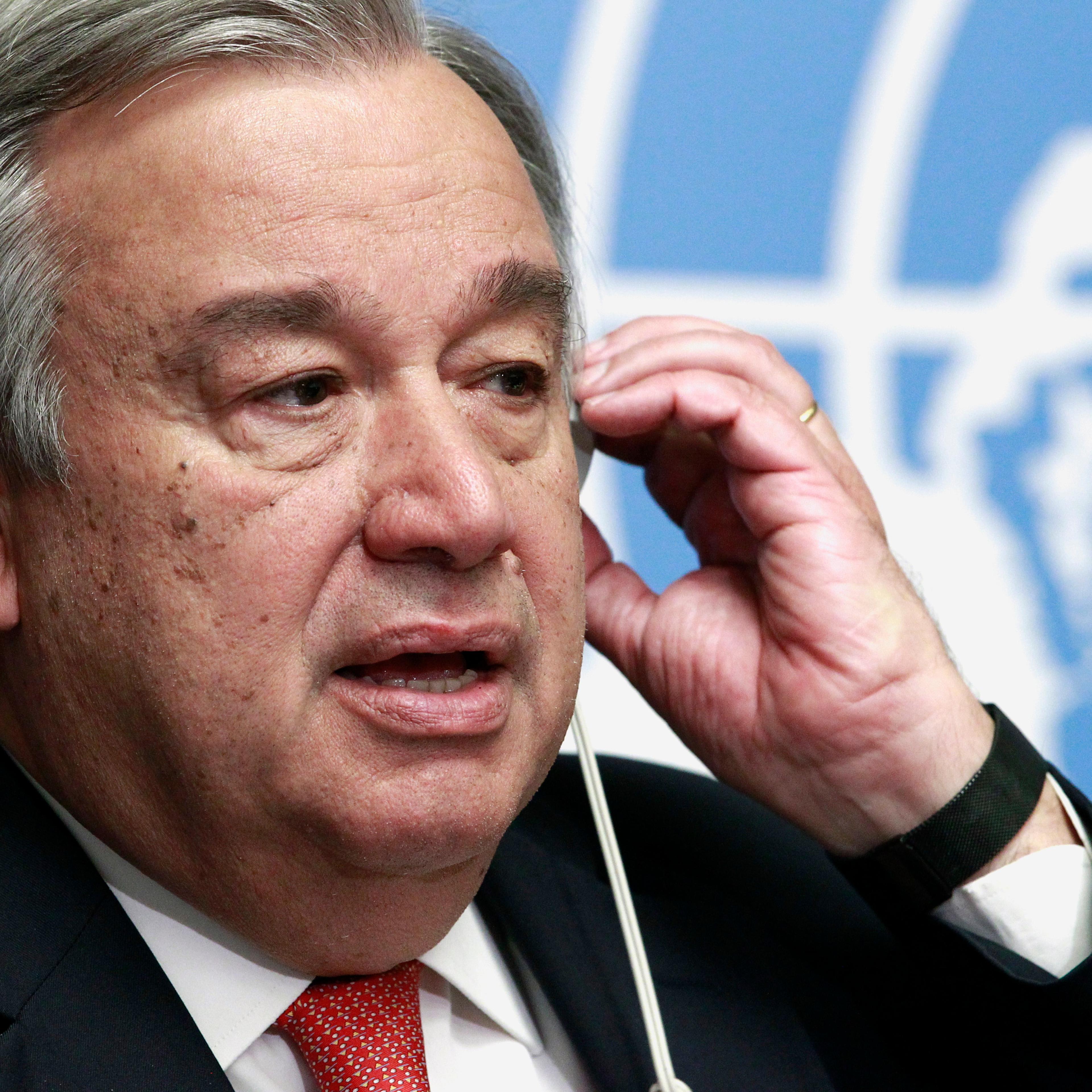 UN High Commissioner for Refugees Guterres gestures during a news conference for the Global Humanitarian appeal for 2015 in Geneva
