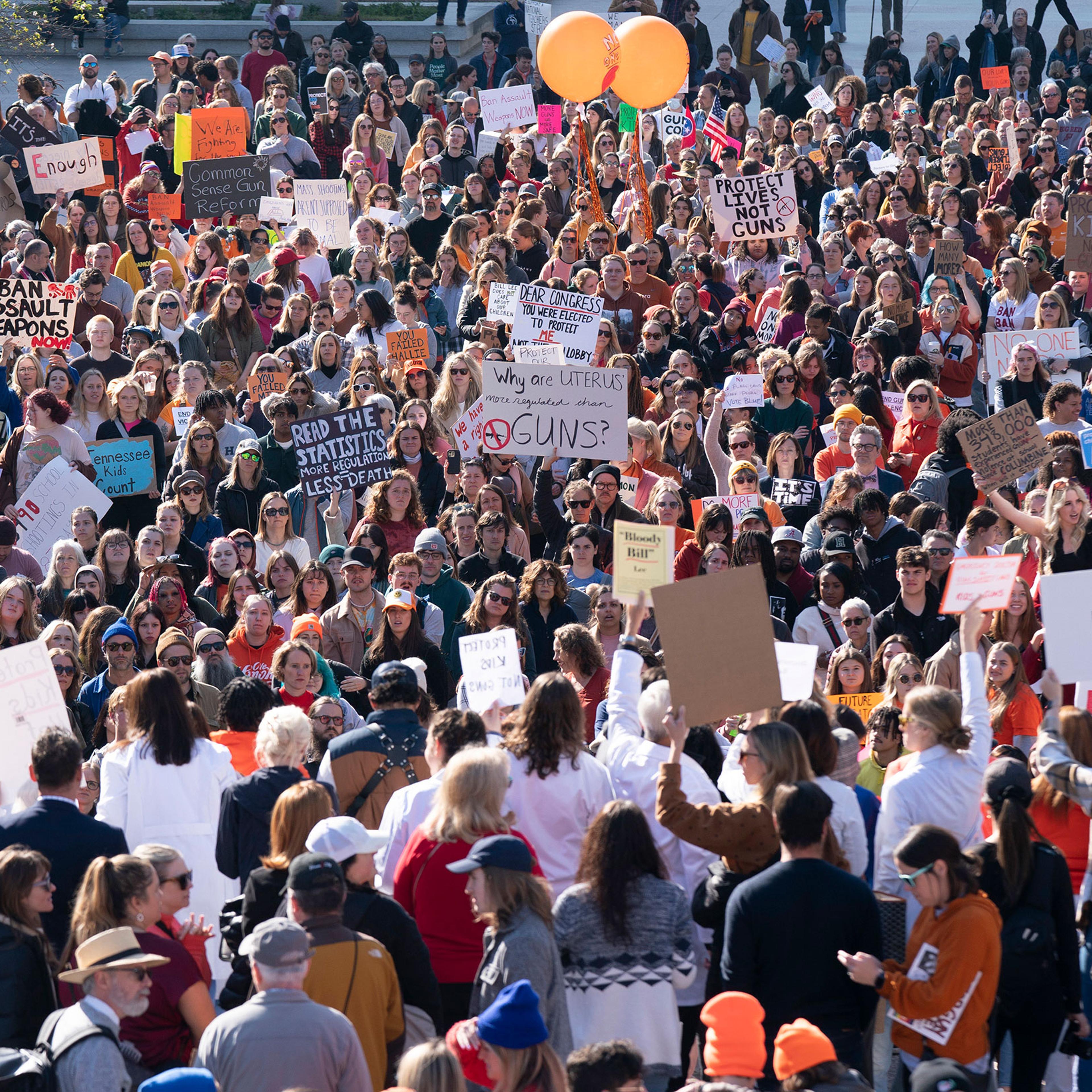 Protesters demonstrate during the Rally of Parents and Kids to End Gun Violence at the State Capitol in Nashville, Tenn., on March 30, 2023.