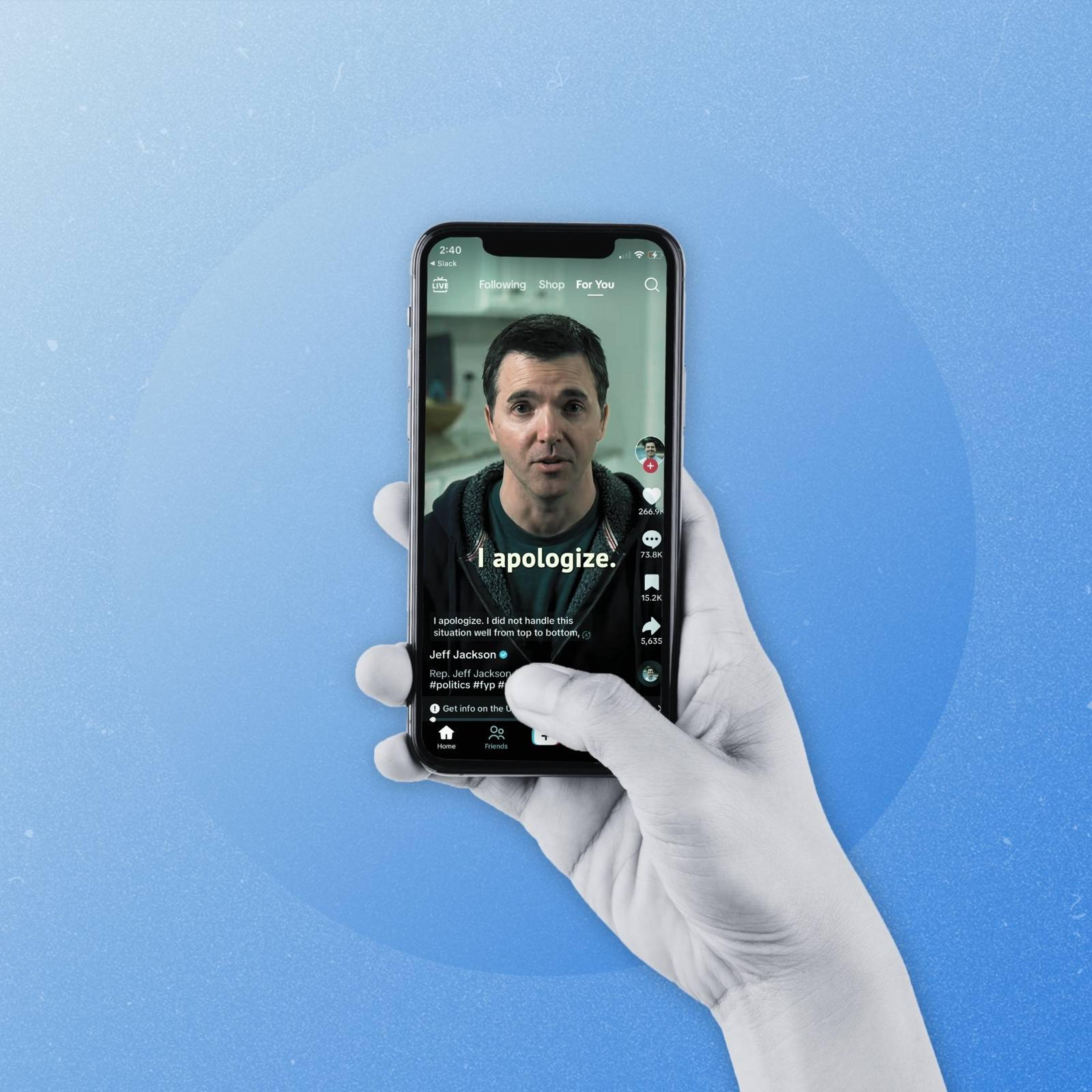 A photo-illustration showing a hand holding a phone in black and white with Rep Jeff Jackson on the phone