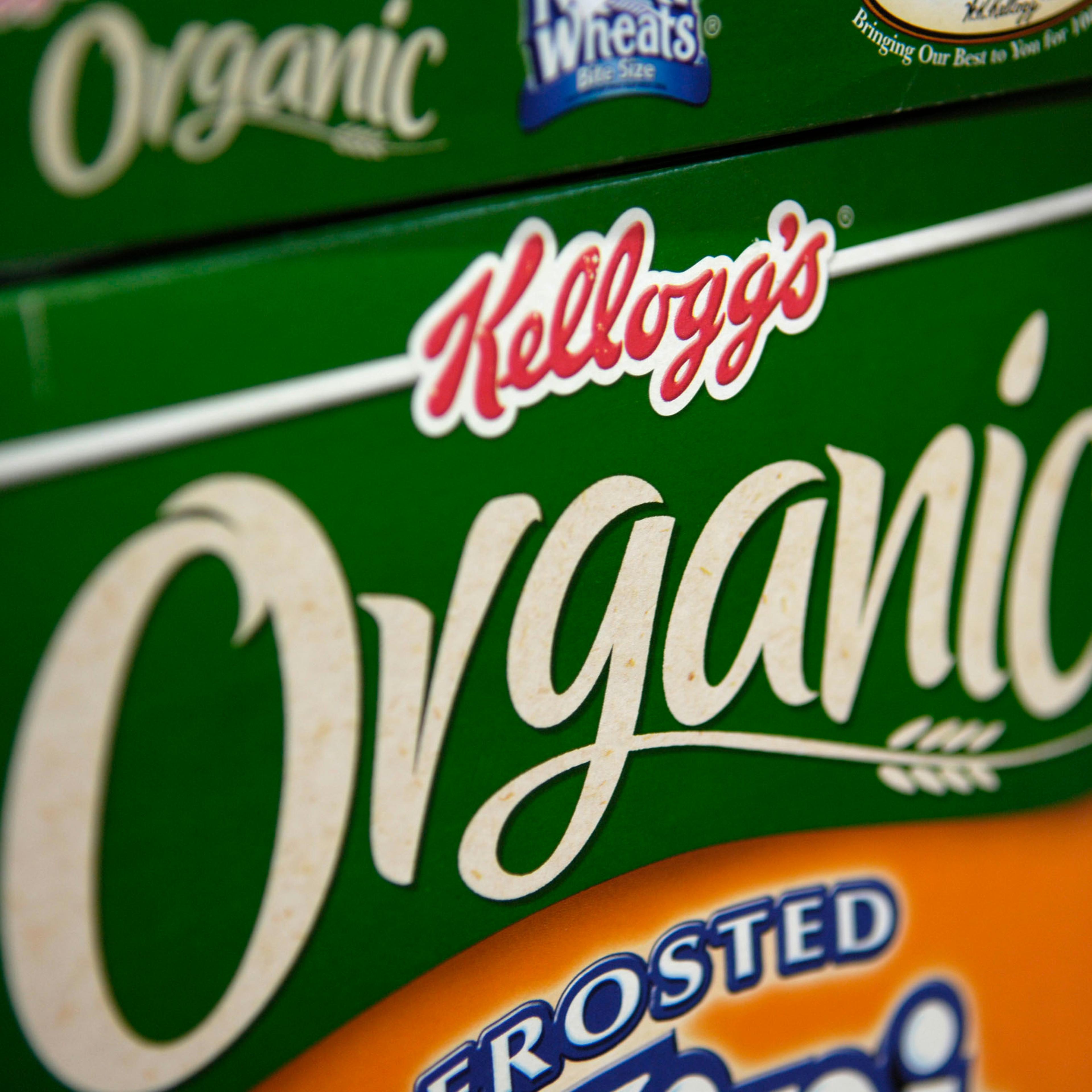Boxes of Kellogg's Organic Frosted Mini Wheats cereal sit on