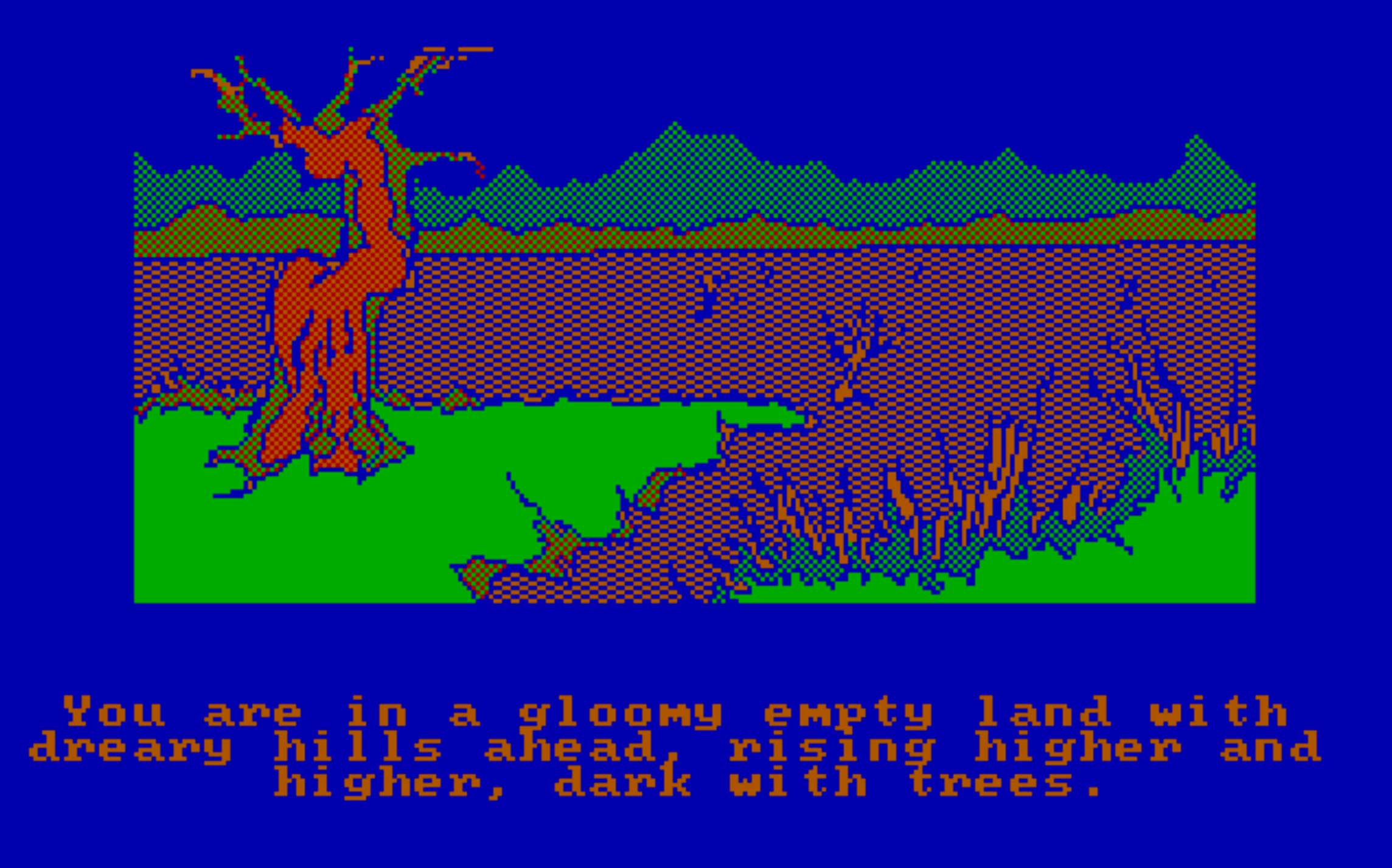   The Hobbit (1983)  Open door. Go East. Enjoy game. If you want to go really old school, you can turn the graphics off in this   text-based game, guiding Bilbo through Middle Earth using only your imagination as your eyes. 