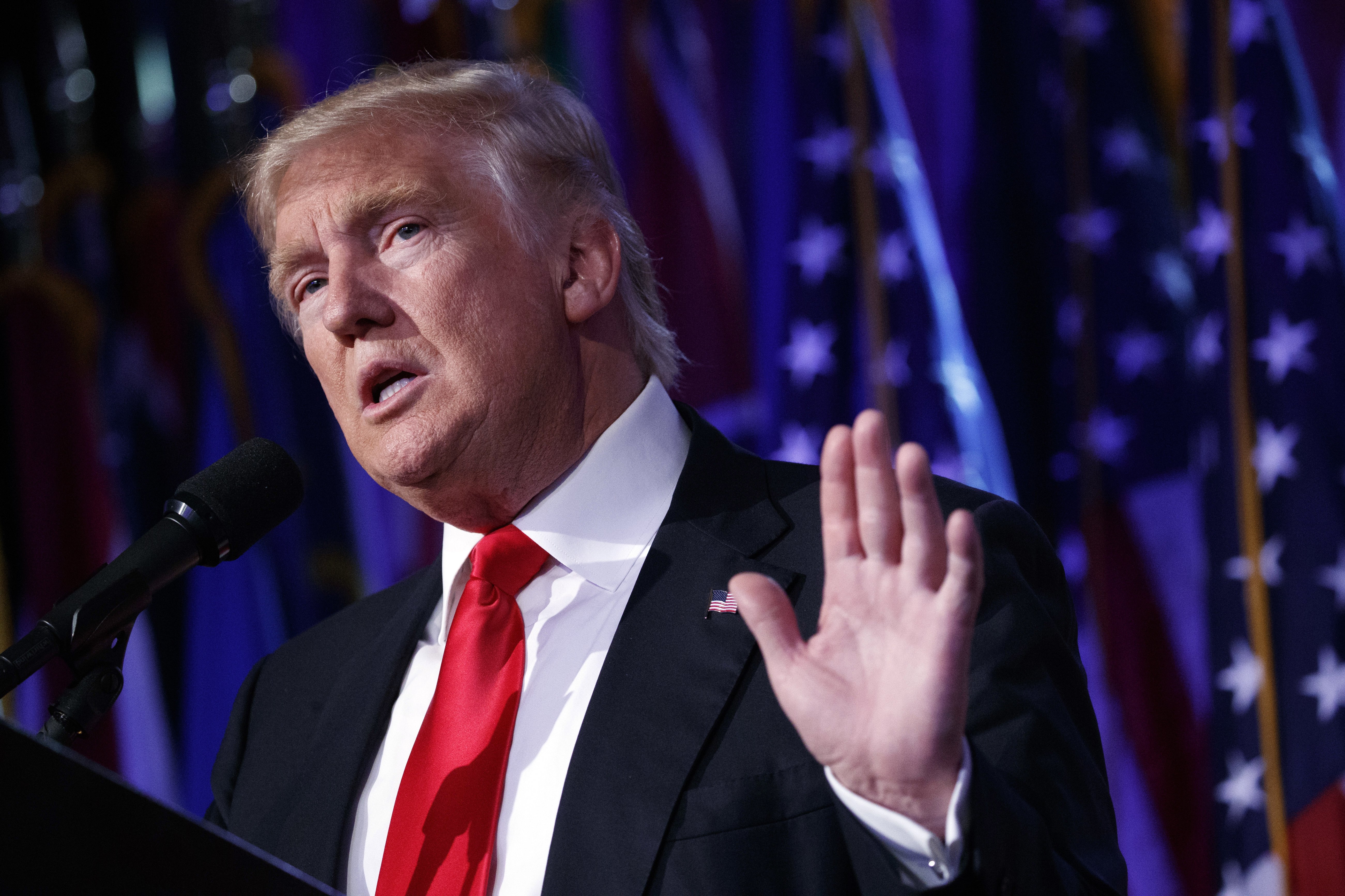President-elect Donald Trump speaks in New York, Nov. 9, 2016.