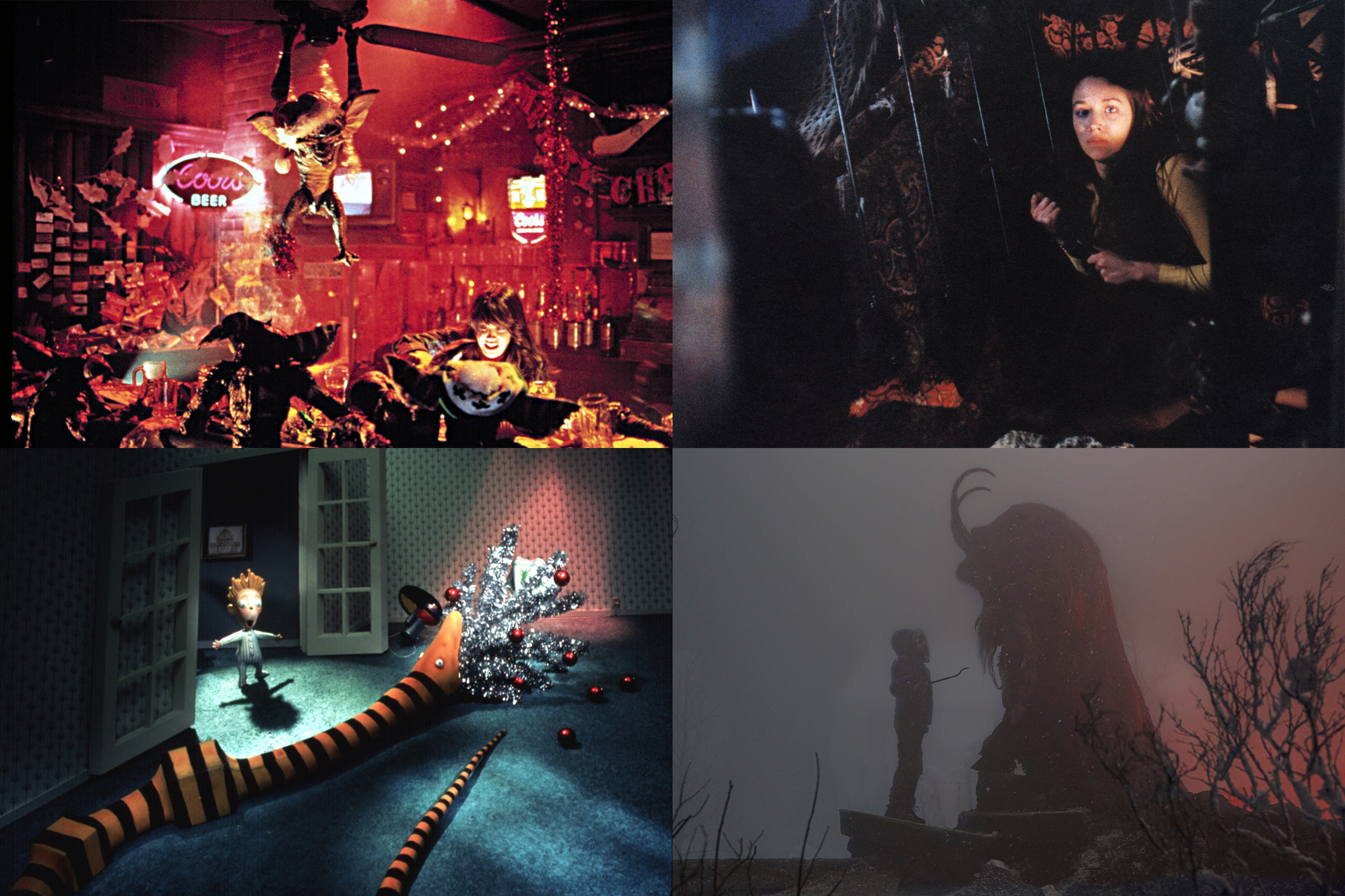 From top left: Gremlins (1984), Black Christmas (1974), The Nightmare Before Christmas (1993), Krampus (2015)