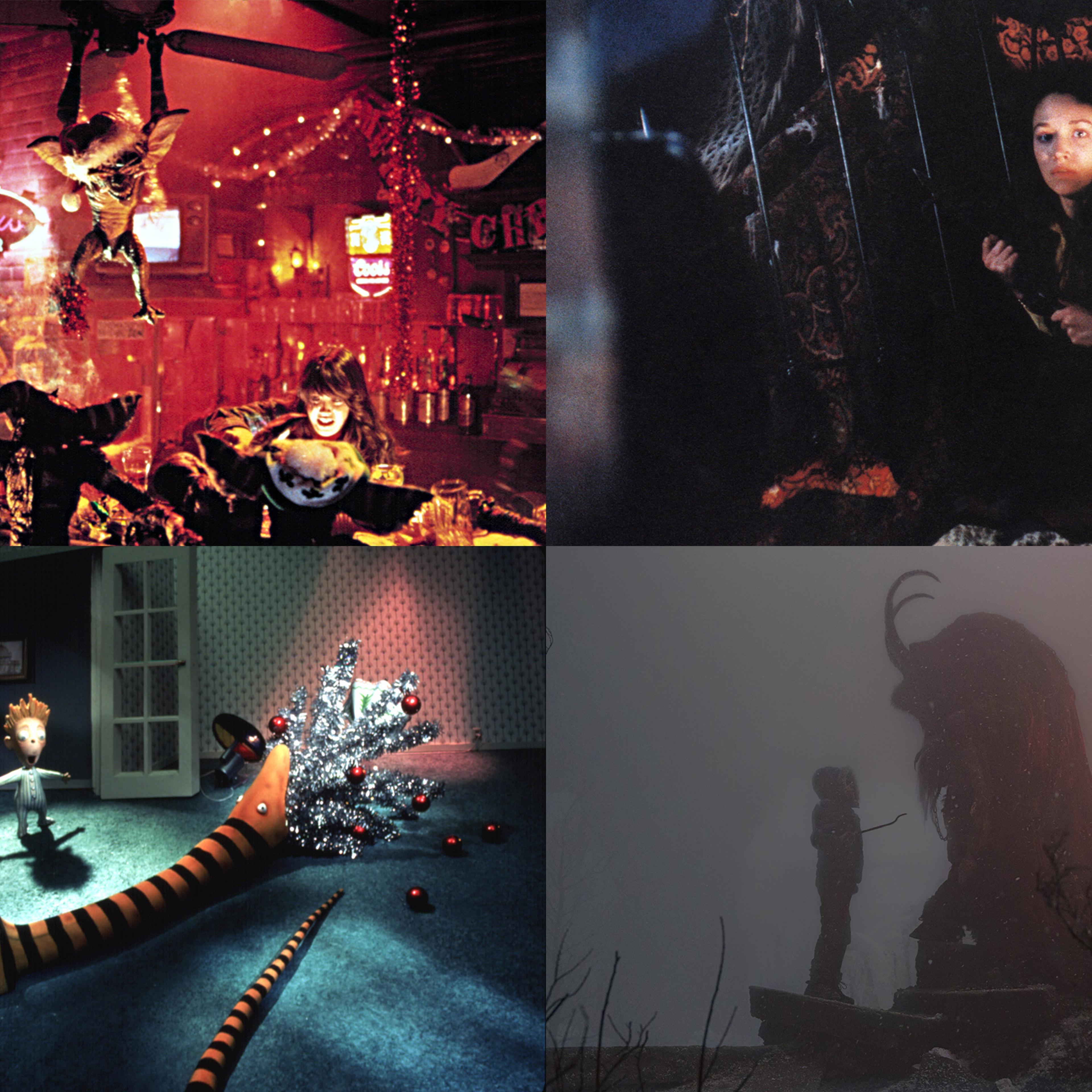 From top left: Gremlins (1984), Black Christmas (1974), The Nightmare Before Christmas (1993), Krampus (2015)