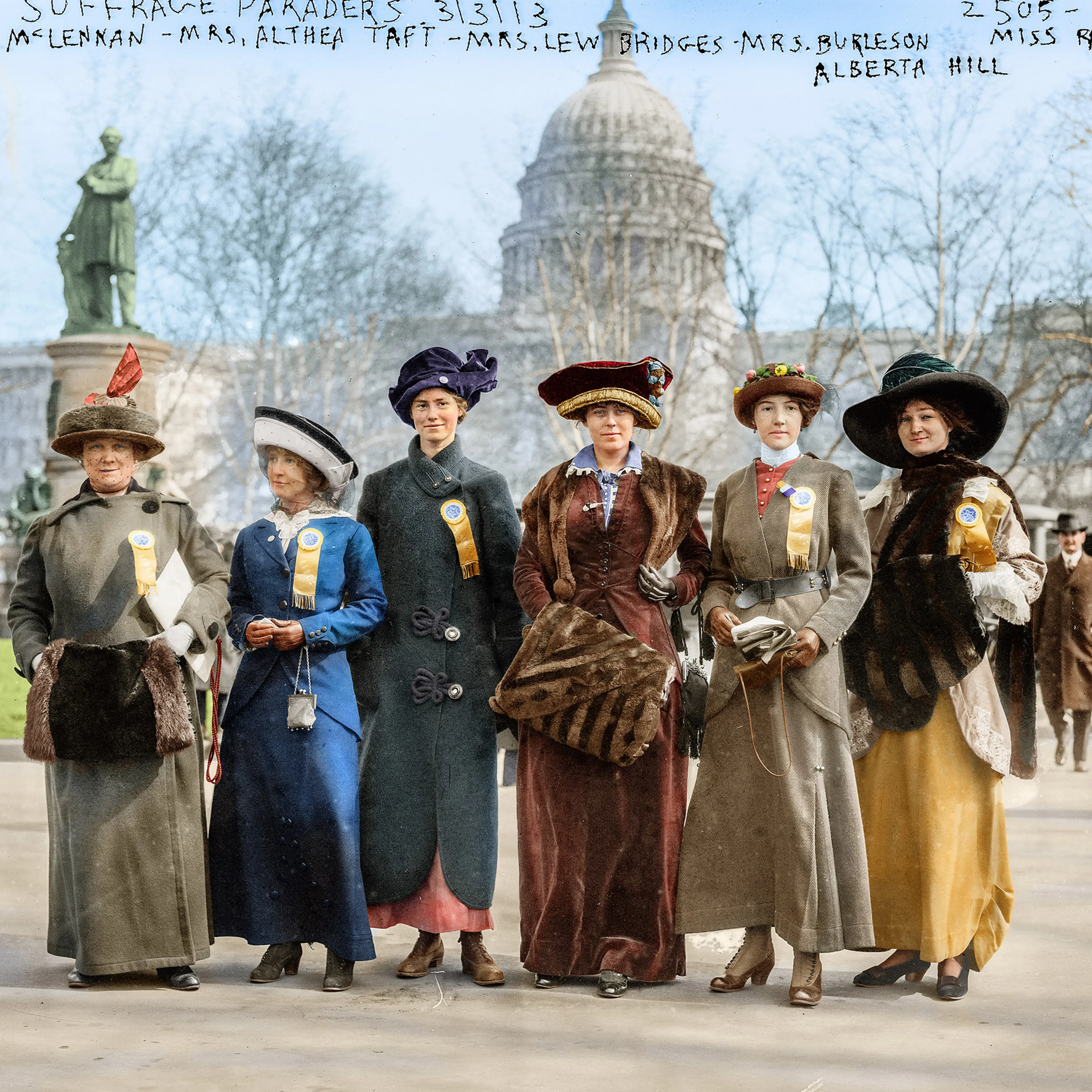 National American Woman Suffrage Association parade held in Washington, D.C., Mar. 3, 1913 showing (left to right) Mrs. Russell McLennan, Mrs. Althea Taft, Mrs. Lew Bridges, Mrs. Richard Coke Burleson, Alberta Hill and Miss F. Ragsdale.