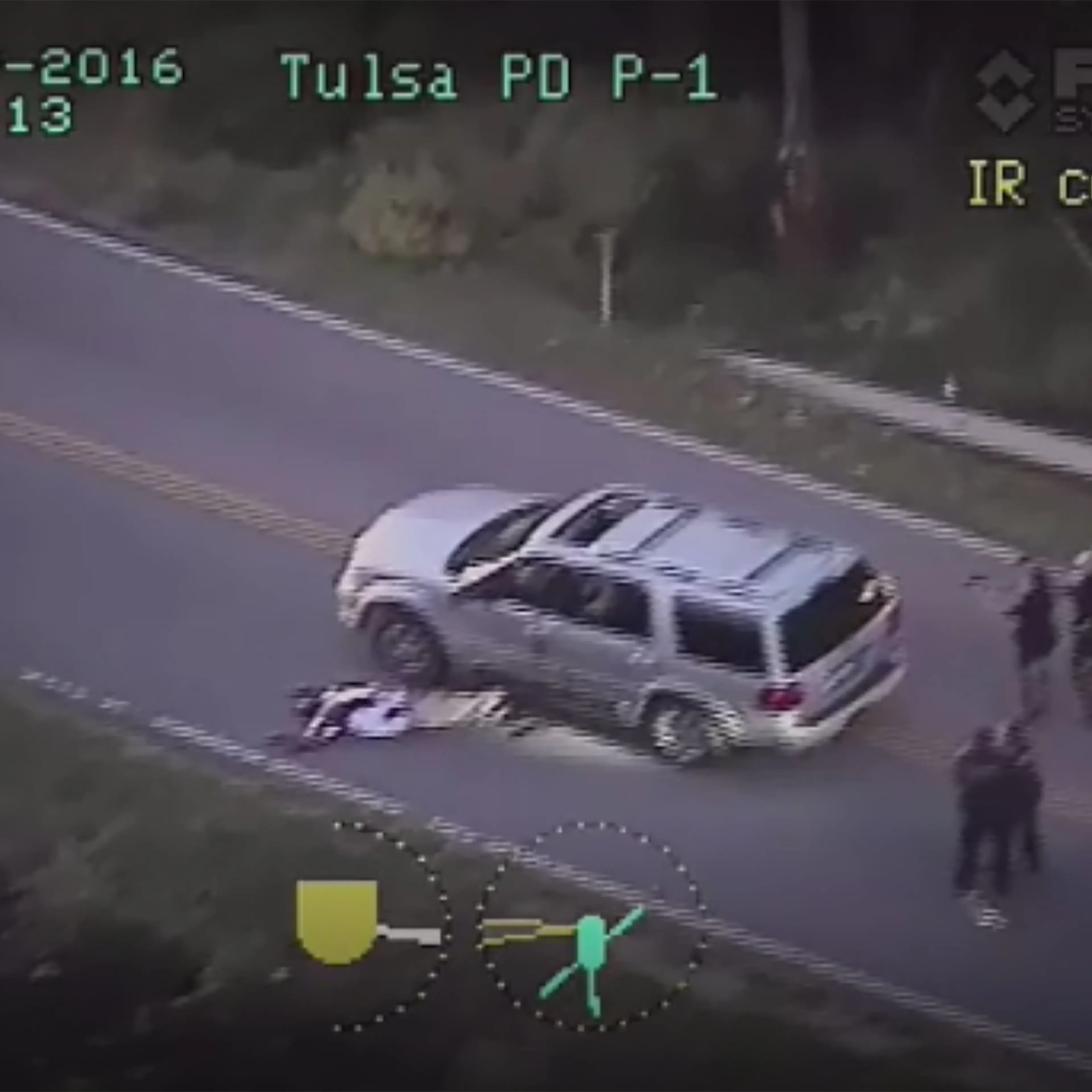 An image from a police helicopter video provided Sept. 20, 2016 by the Tulsa Police Department in Tulsa, Oklahoma, shows the officer involved shooting of Terence Crutcher.