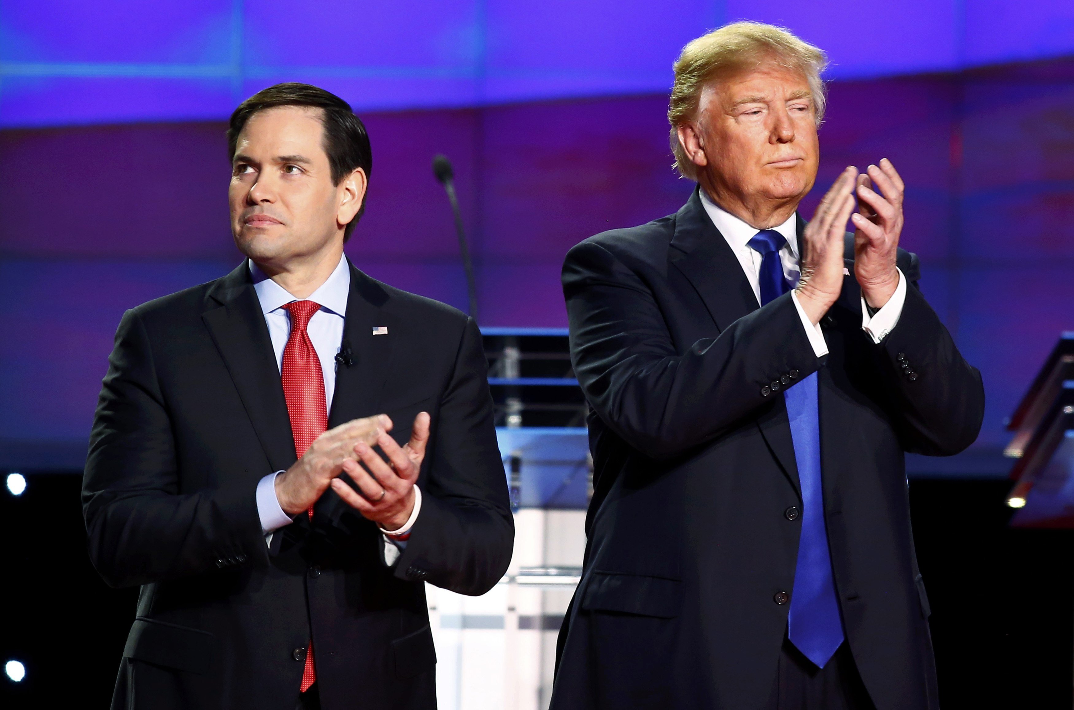 Republican presidential candidates Florida Sen. Marco Rubio and businessman Donald Trump participate in a GOP debate in Houston on Feb. 25, 2016.