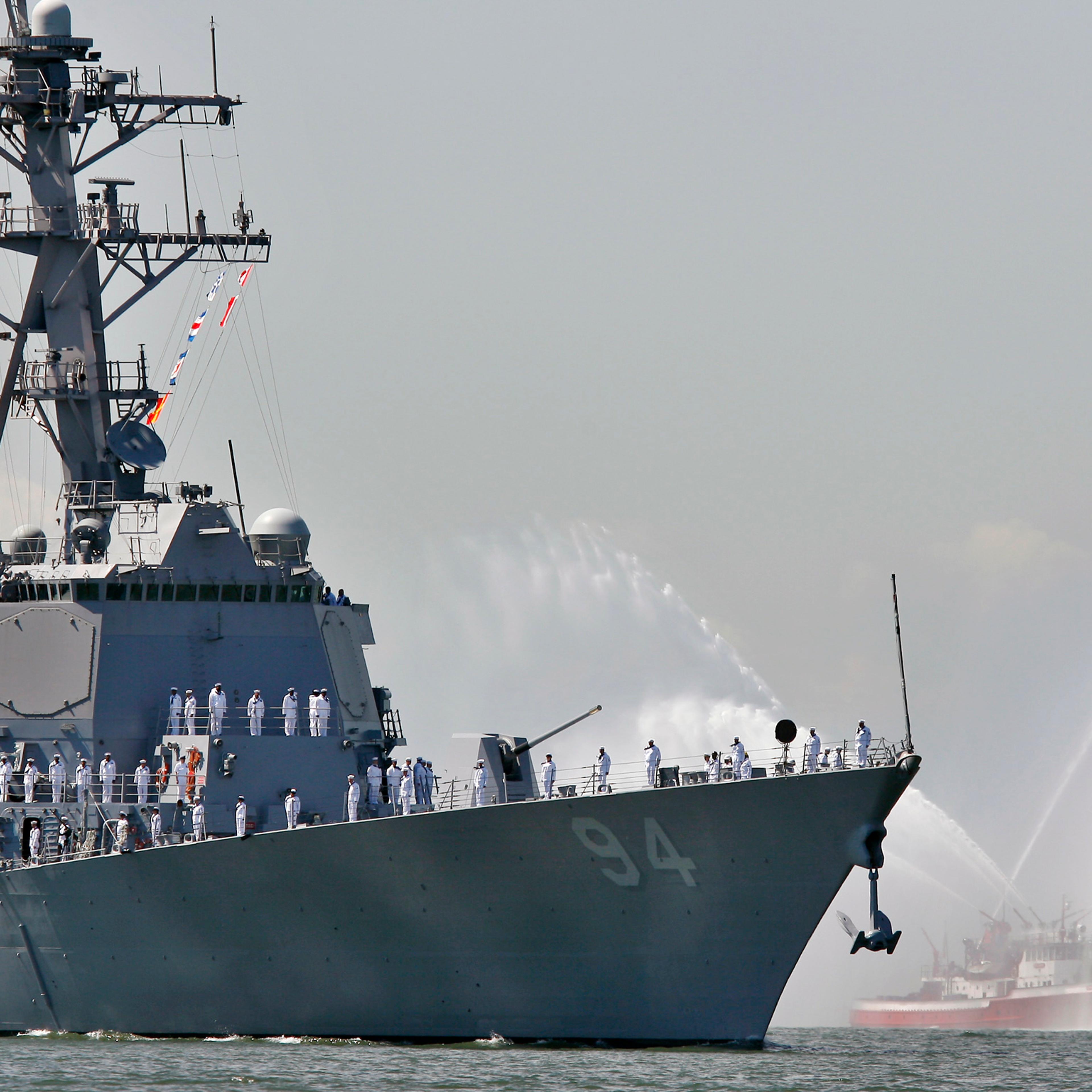 USS Nitze is greeted by spray of fireboat to kick off Fleet Week in New York Harbor