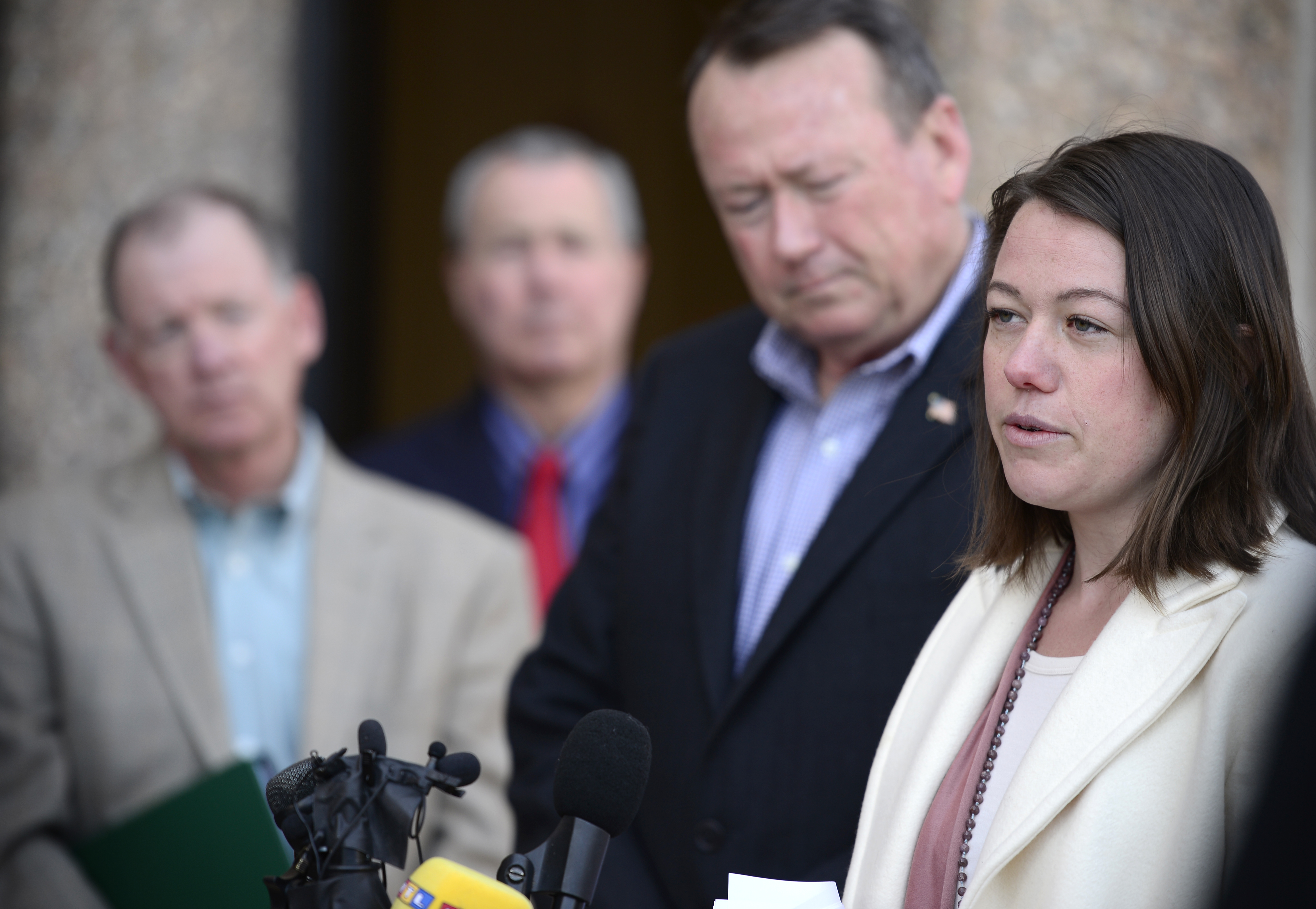 Michelle Wilkins speaks to the media after Dynel Lane was found guilty of attempted first-degree murder, assault and unlawful termination of a pregnancy in Boulder, Colo. on Feb. 23, 2016.