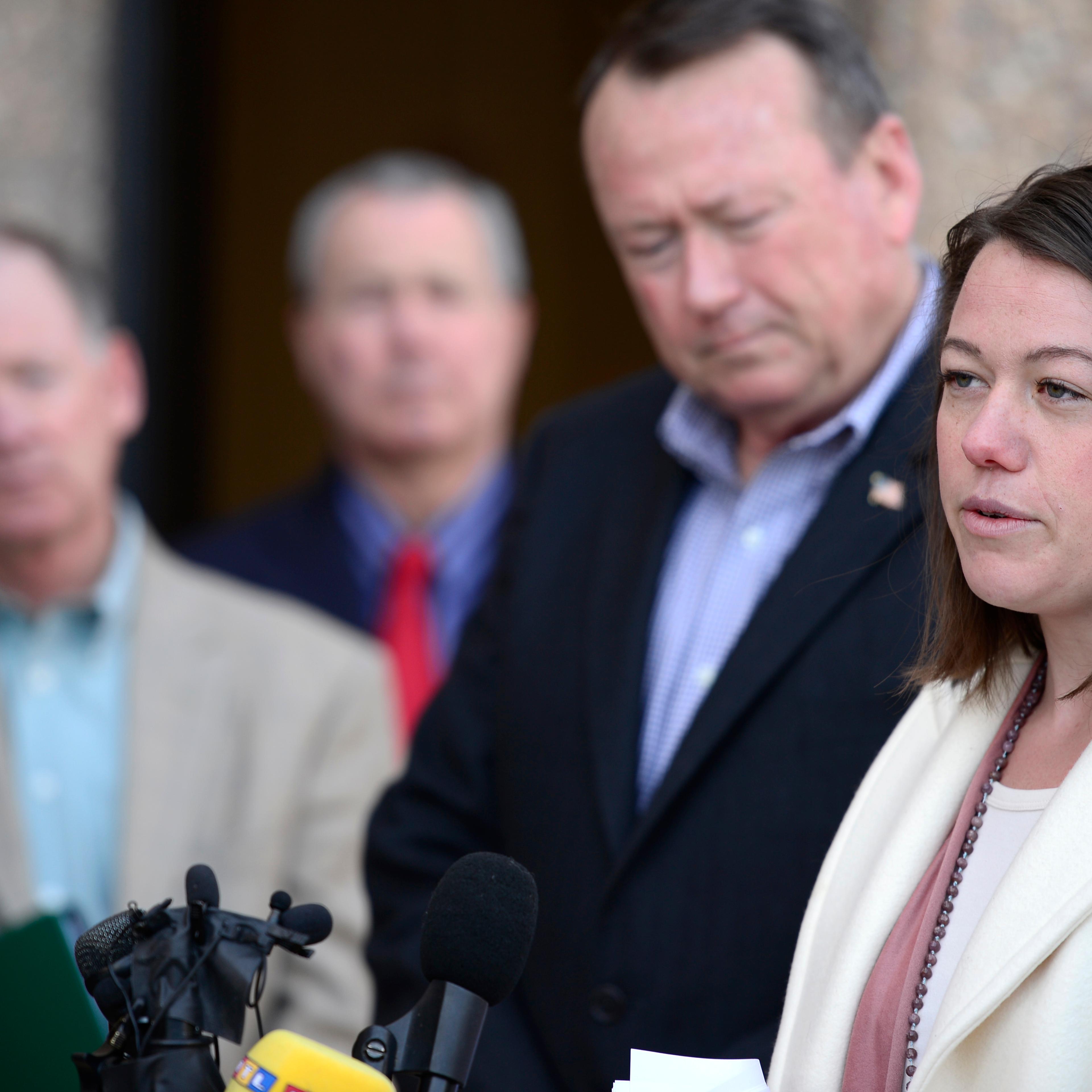 Michelle Wilkins speaks to the media after Dynel Lane was found guilty of attempted first-degree murder, assault and unlawful termination of a pregnancy in Boulder, Colo. on Feb. 23, 2016.