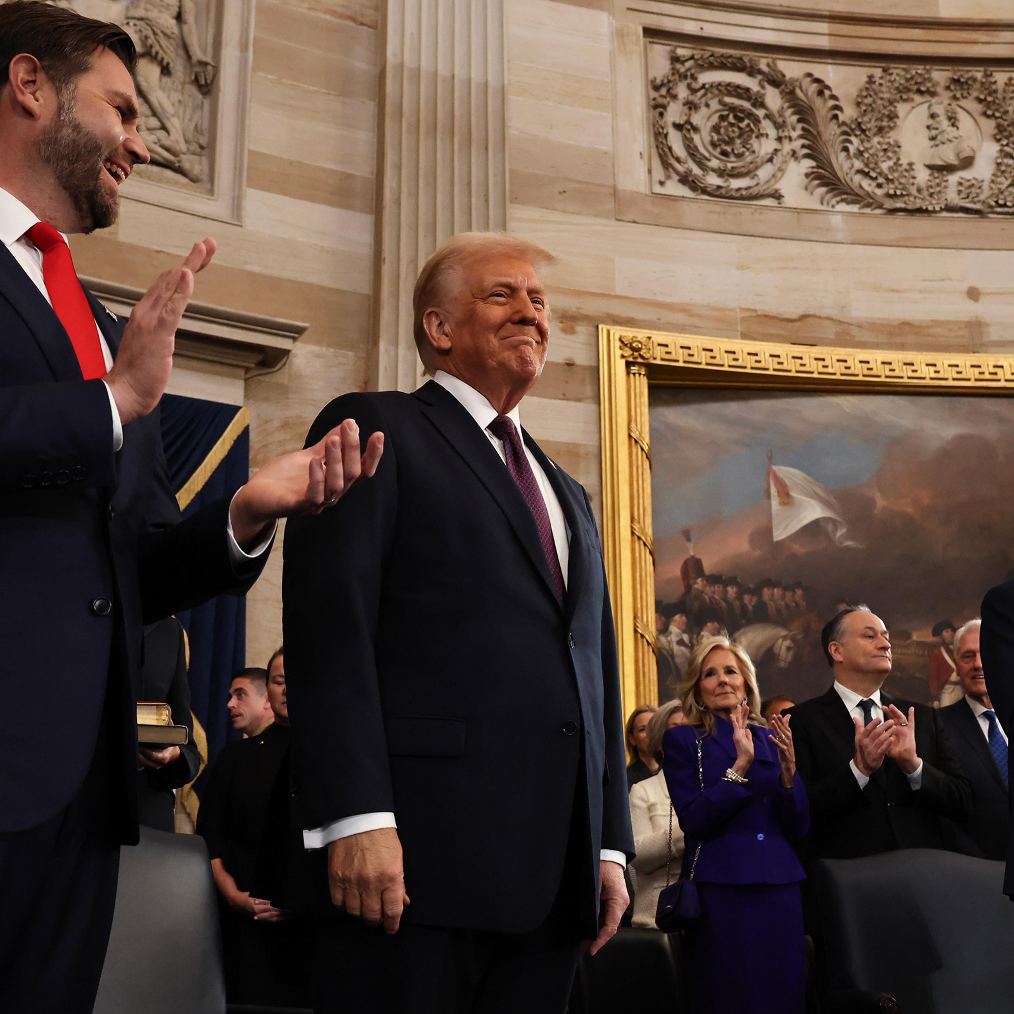 U.S. Vice President-elect former Sen. J.D. Vance (R-OH) and U.S. President-elect Donald Trump arrive to inauguration ceremonies in the Rotunda of the U.S. Capitol on Jan. 20, 2025 in Washington, DC.
