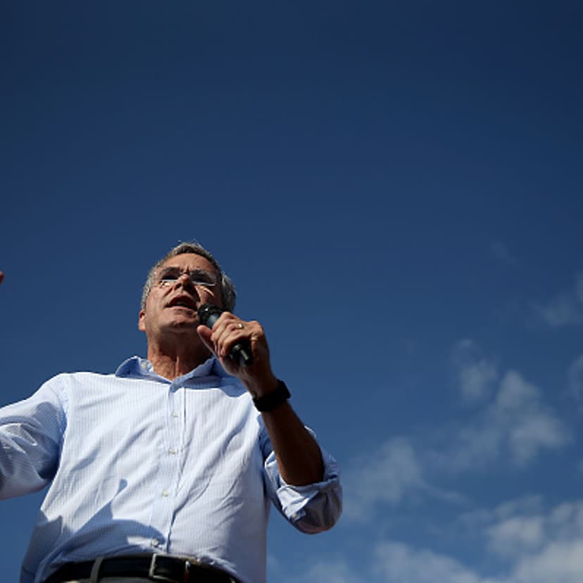 Republican presidential hopeful and former Florida Gov. Jeb Bush speaks to fairgoers during the Iowa State Fair on August 14, 2015 in Des Moines, Iowa.