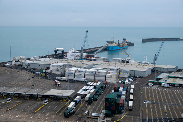 The Eastern Dock of the Port of Dover is where the cross channel port is situated with ferries departing here to go to Calais in France. Dover, Kent, United Kingdom.  Dover is the nearest port to France with just 34 kilometres (21 miles) between them. It