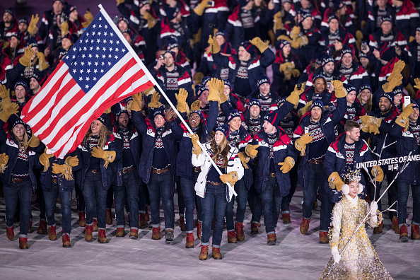 Flag bearer Erin Hamlin of the United States leads the team during the Opening Ceremony of the PyeongChang 2018 Winter Olympic Games at PyeongChang Olympic Stadium on February 9, 2018.