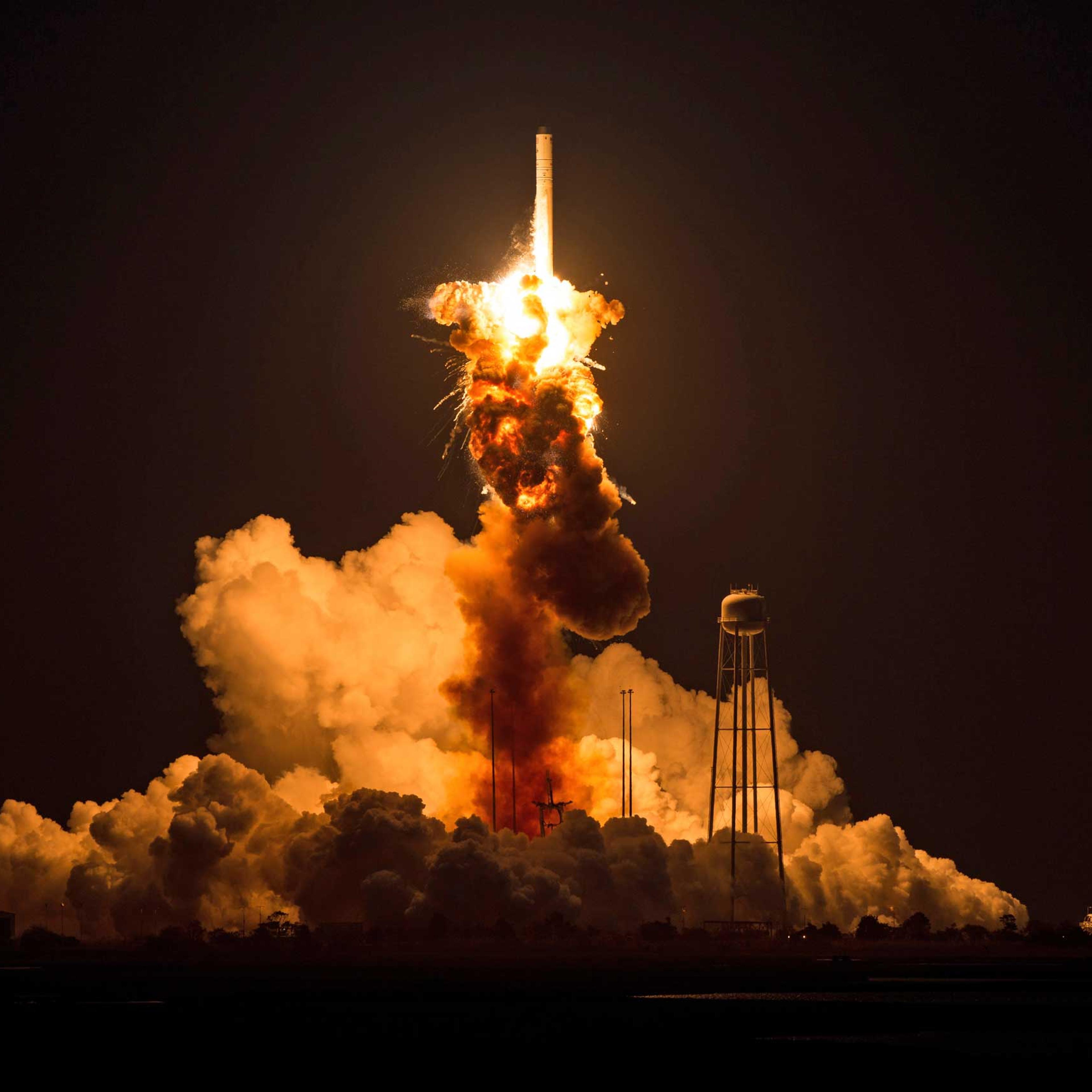 This image provided by NASA shows the Orbital Sciences Corporation Antares rocket, with the Cygnus spacecraft onboard suffers a catastrophic anomaly moments after launch from the Mid-Atlantic Regional Spaceport Pad 0A, Oct. 28, 2014, at NASA's Wallops Fl
