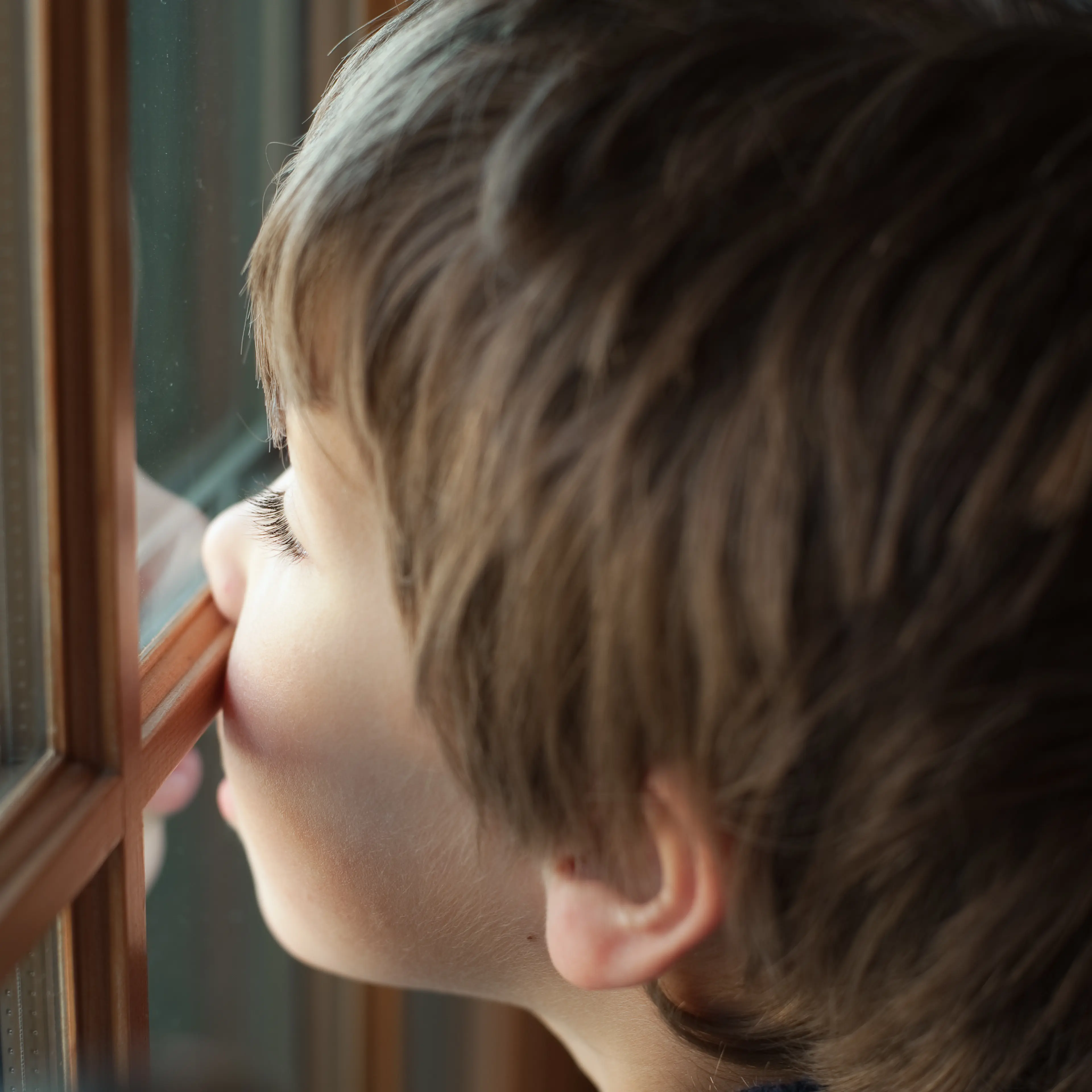 Boy presses his nose against window