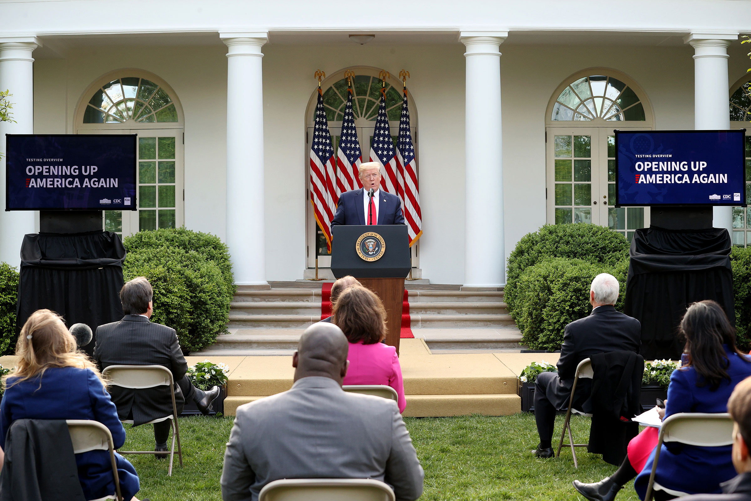 President Donald Trump speaks during the daily briefing of the coronavirus task force in the Rose Garden