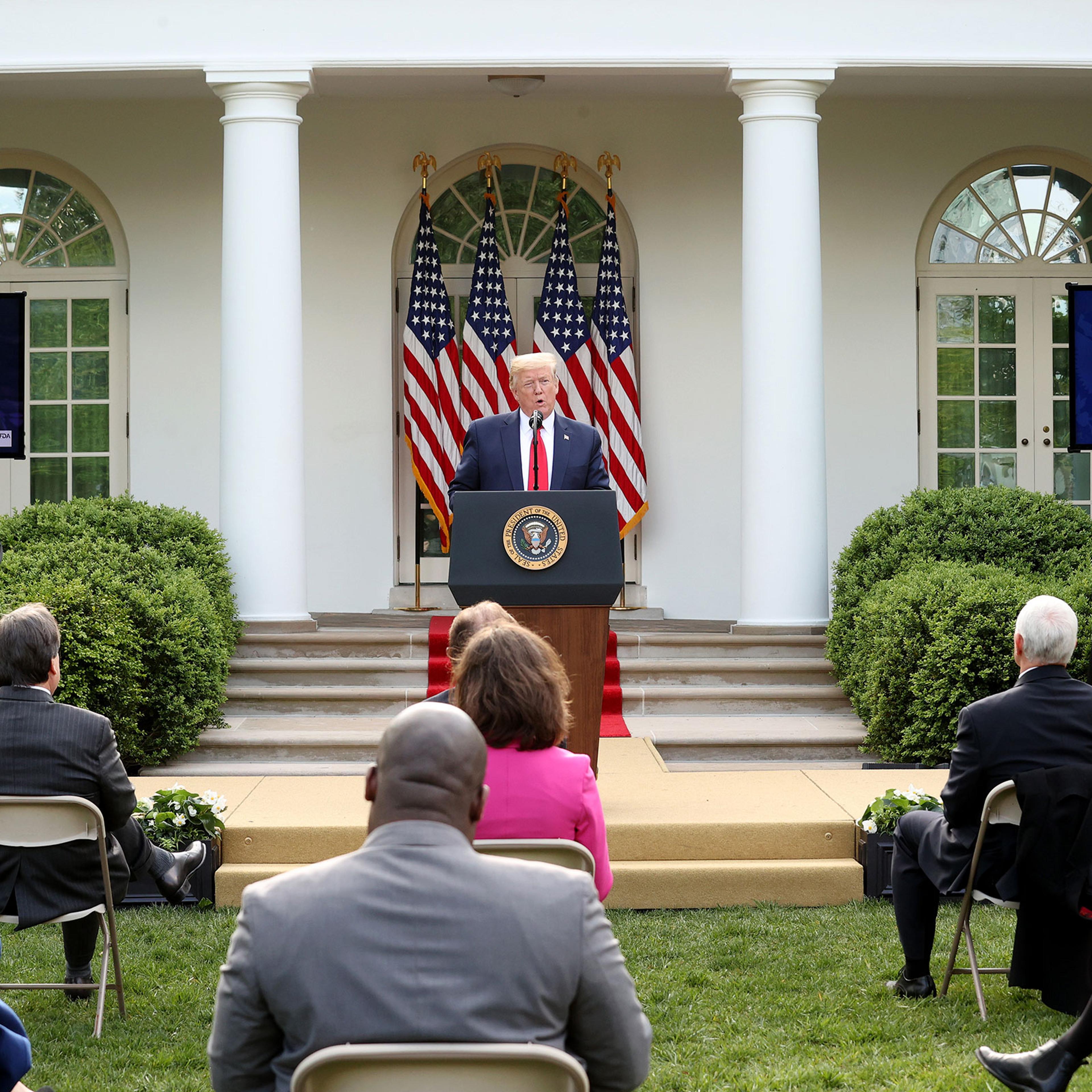 President Donald Trump speaks during the daily briefing of the coronavirus task force in the Rose Garden