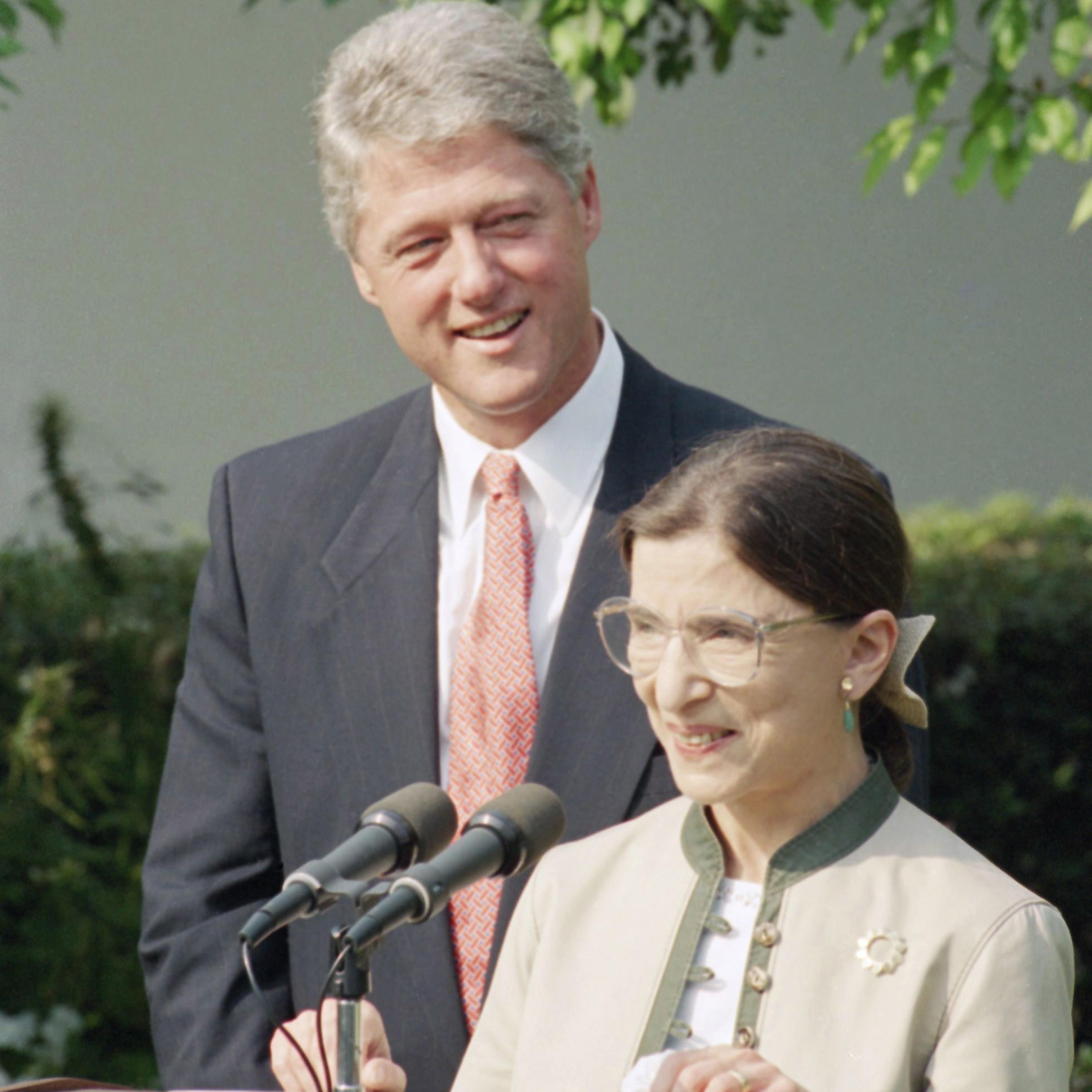 Judge Ruth Bader Ginsburg appears with President Bill Clinton in the White House Rose Garden in Washington, D.C., on Aug. 2, 1993, after the Senate voted 96-3 to confirm her as the nation's 107th Supreme Court justice.