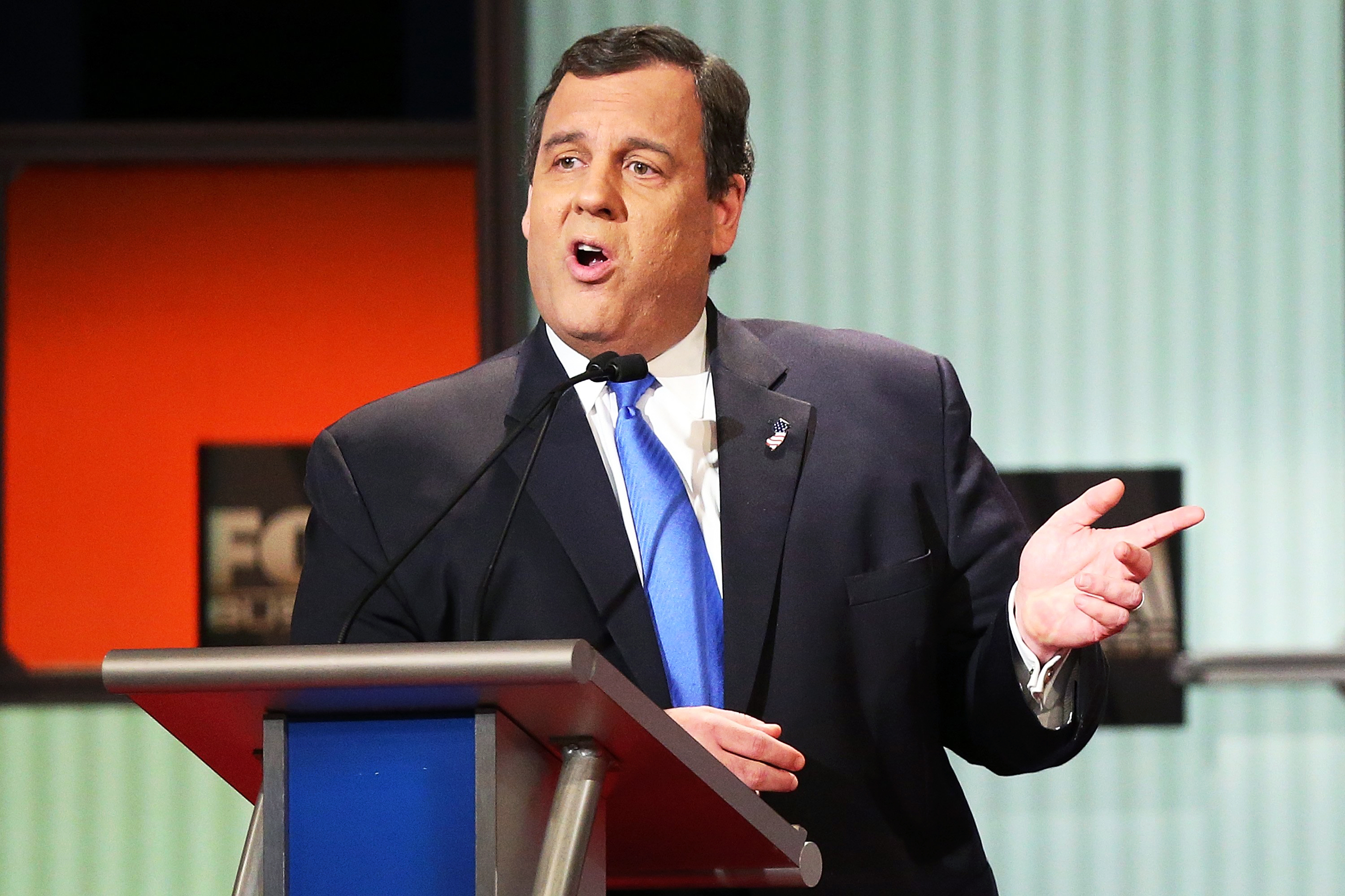 Republican presidential candidate New Jersey Governor Chris Christie participates in the Fox Business Network Republican presidential debate at the North Charleston Coliseum and Performing Arts Center on January 14, 2016 in North Charleston, South Caroli