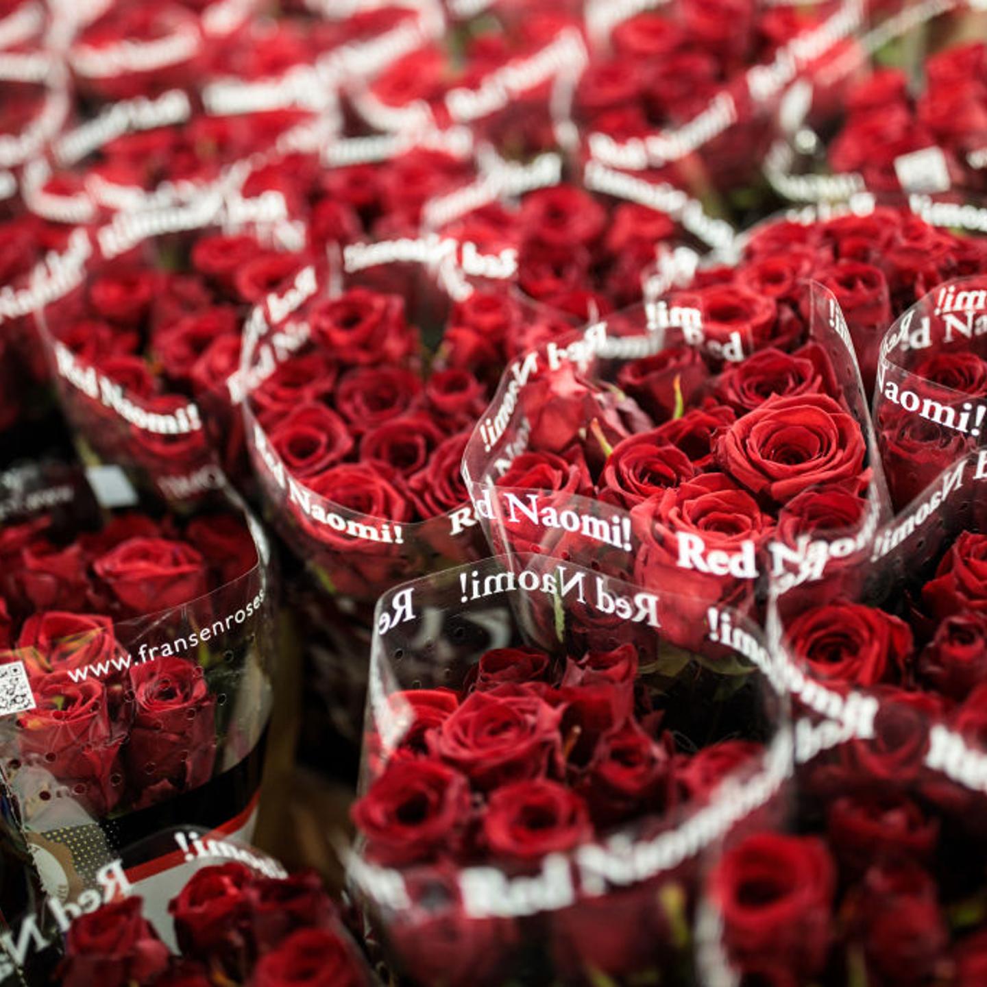 Bunches of roses on display at New Covent Garden Flower Market ahead of Valentine's Day in London