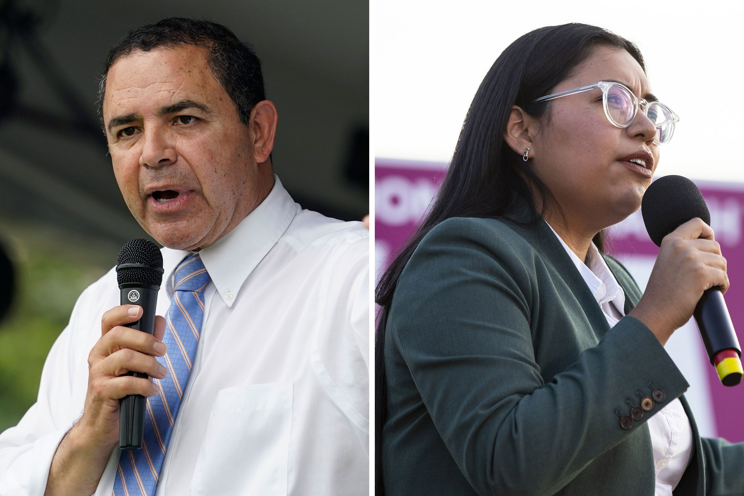 Rep. Henry Cuellar speaks during a campaign event in San Antonio, on May 4, 2022; Jessica Cisneros, Democratic Representative candidate for Texas, speaks during an early vote kickoff event in San Antonio, on Feb. 22, 2022. 