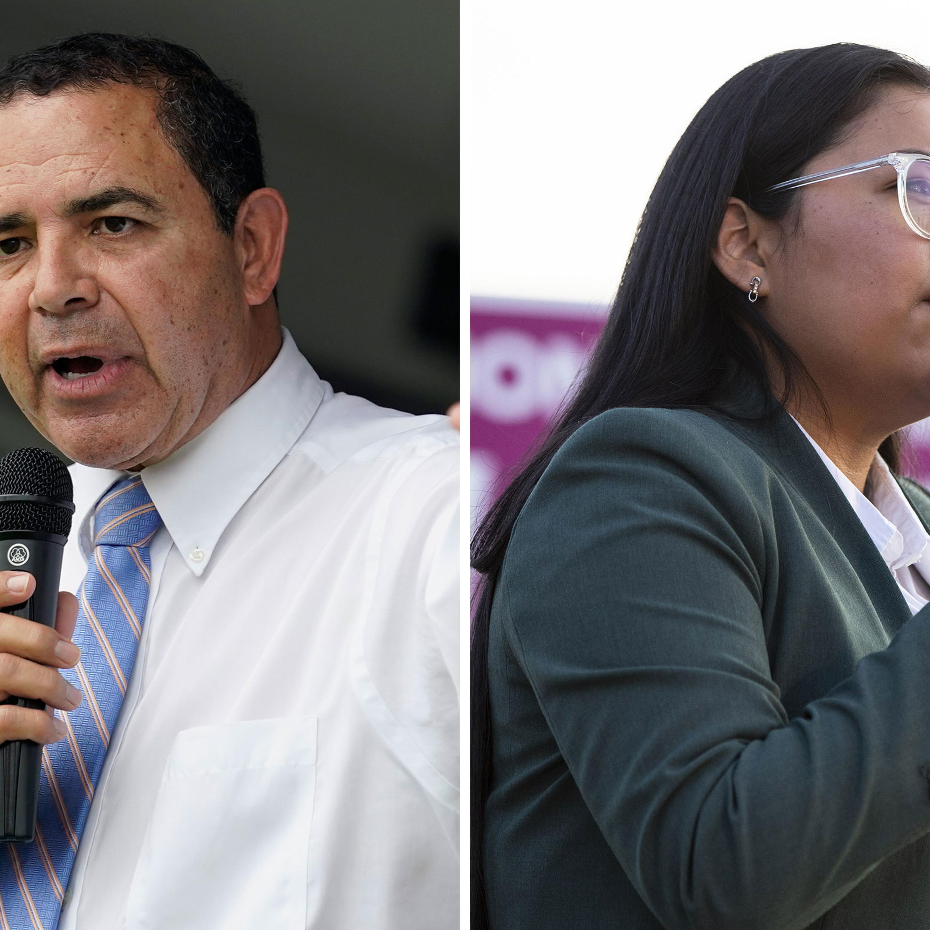 Rep. Henry Cuellar speaks during a campaign event in San Antonio, on May 4, 2022; Jessica Cisneros, Democratic Representative candidate for Texas, speaks during an early vote kickoff event in San Antonio, on Feb. 22, 2022.