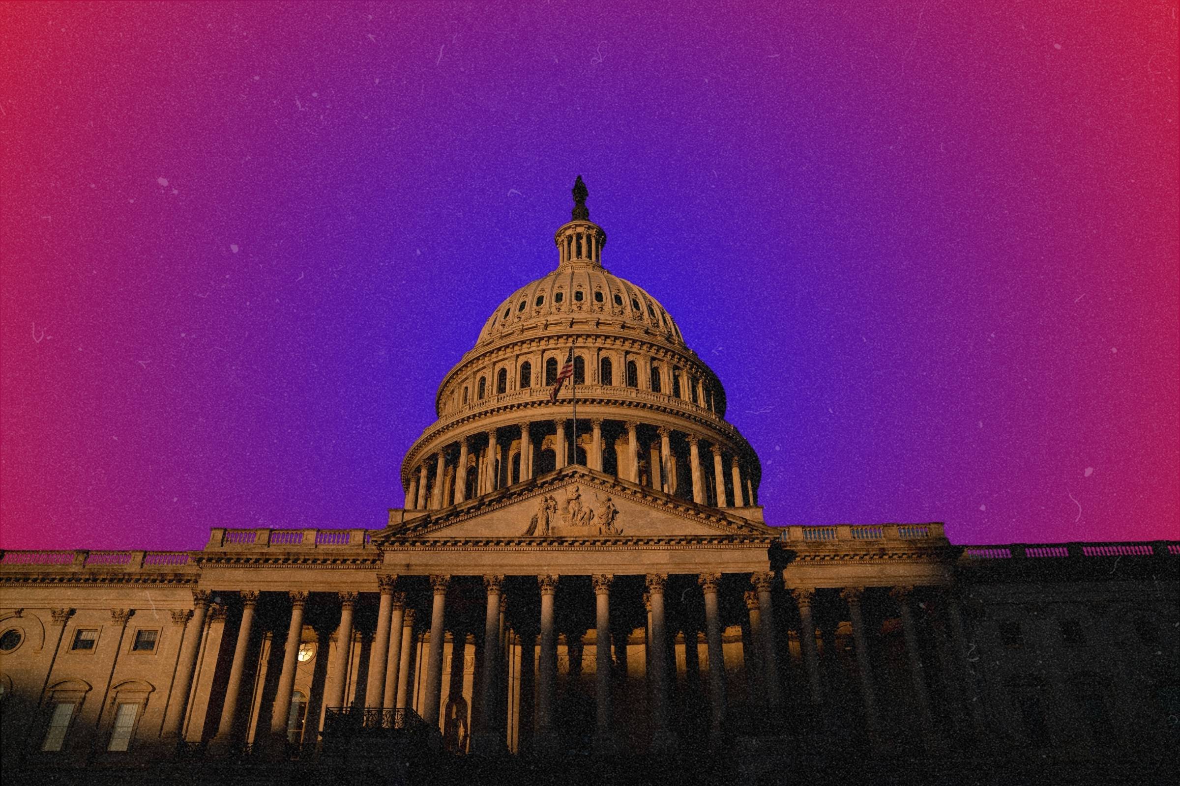 A photo-illustration of the US Capitol building on a gradient background with blue taking over red