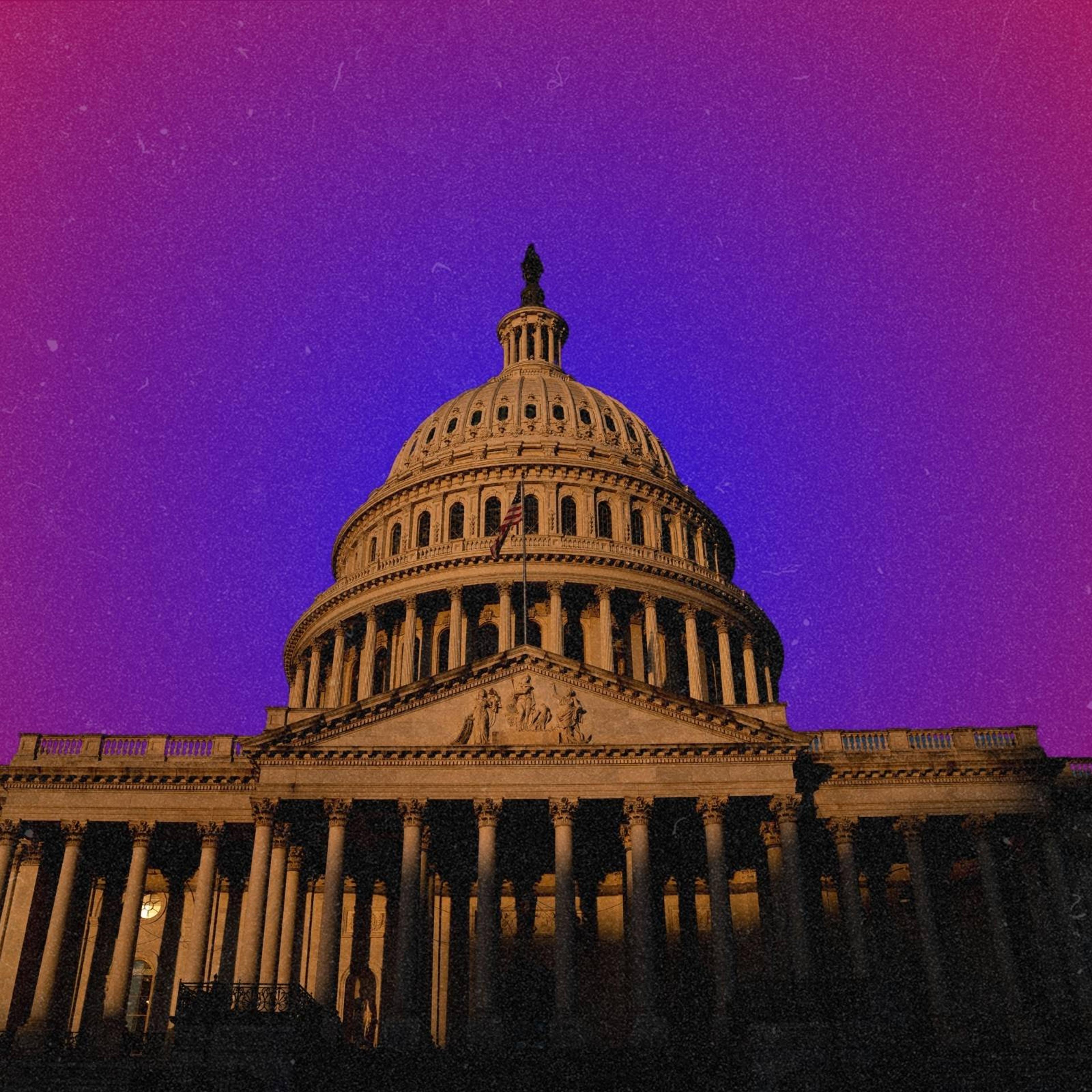 A photo-illustration of the US Capitol building on a gradient background with blue taking over red