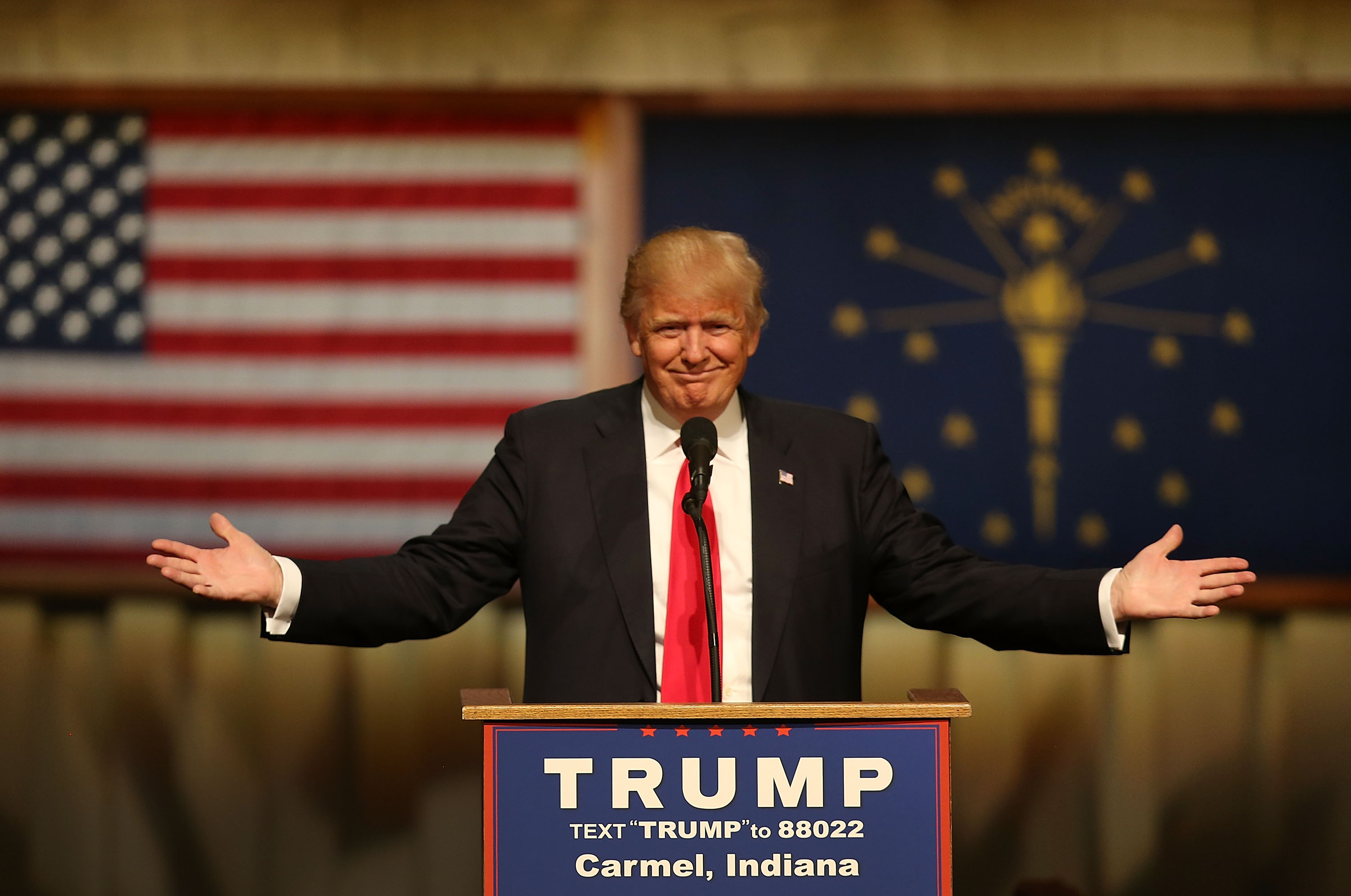 Republican presidential candidate Donald Trump speaks during a campaign stop at the Palladium at the Center for the Performing Arts on May 2, 2016 in Carmel, Indiana.