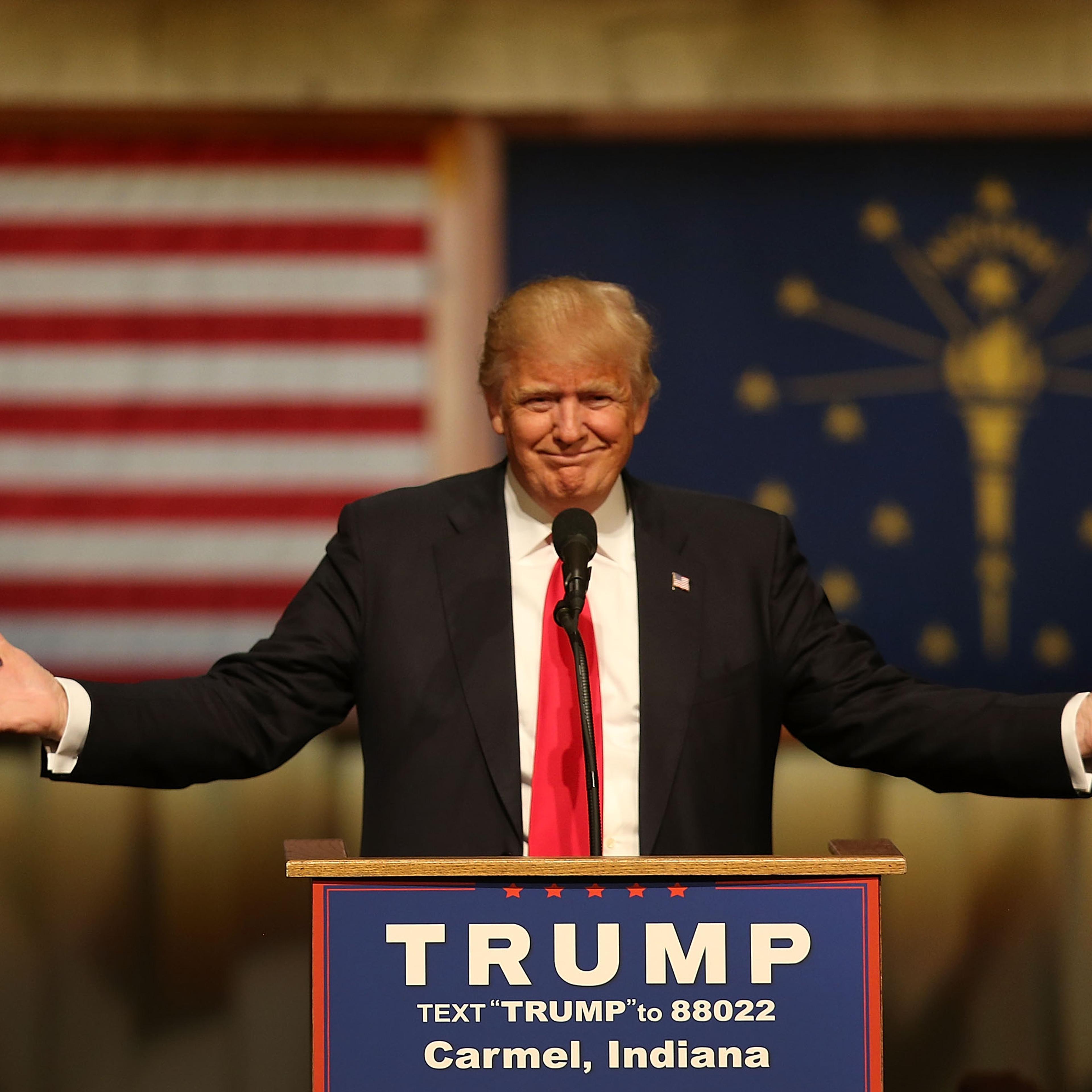 Republican presidential candidate Donald Trump speaks during a campaign stop at the Palladium at the Center for the Performing Arts on May 2, 2016 in Carmel, Indiana.