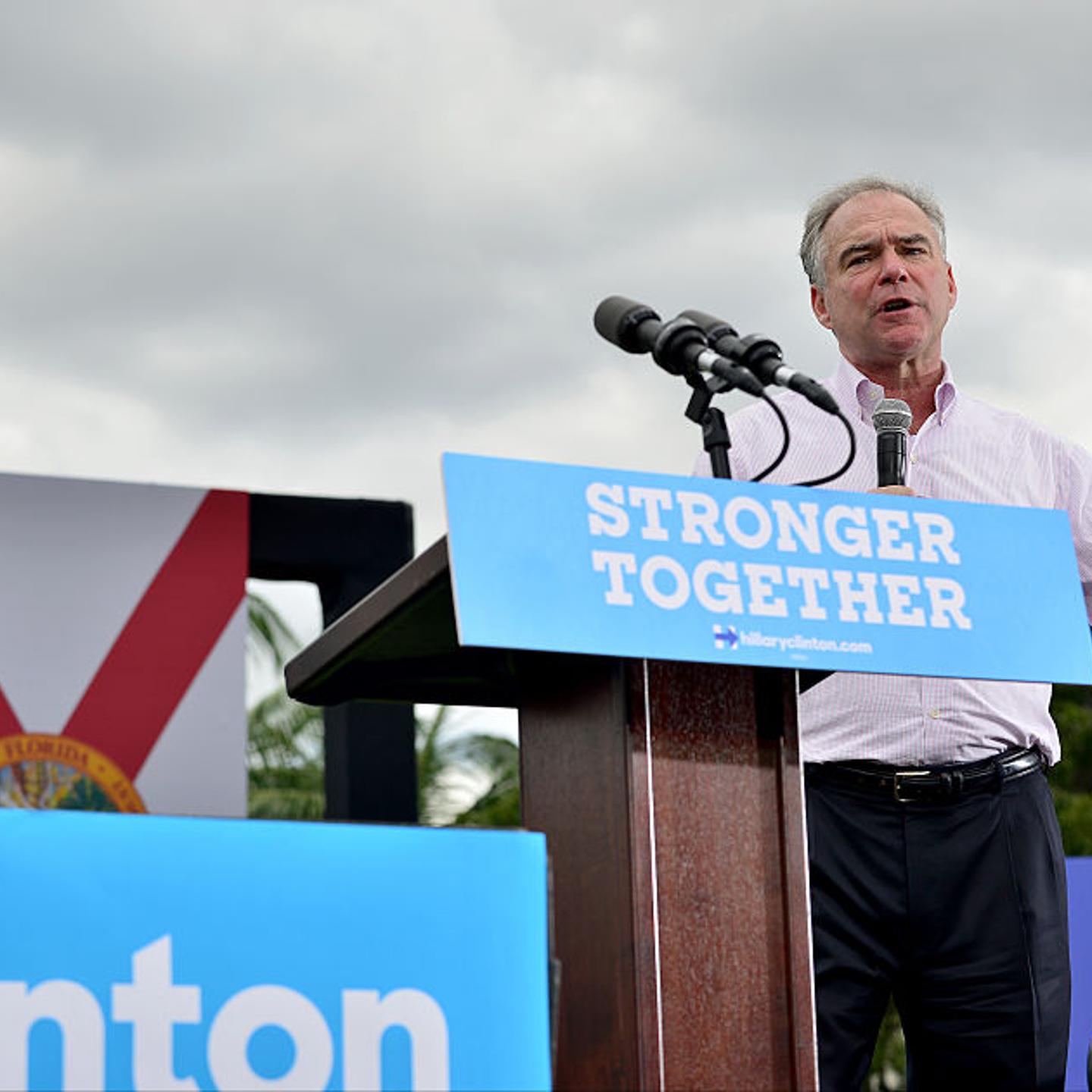 Democratic vice presidential nominee U.S. Sen. Tim Kaine (D-VA) speaks during a campaign rally at Florida International University on Oct. 24, 2016 in Miami, Florida.