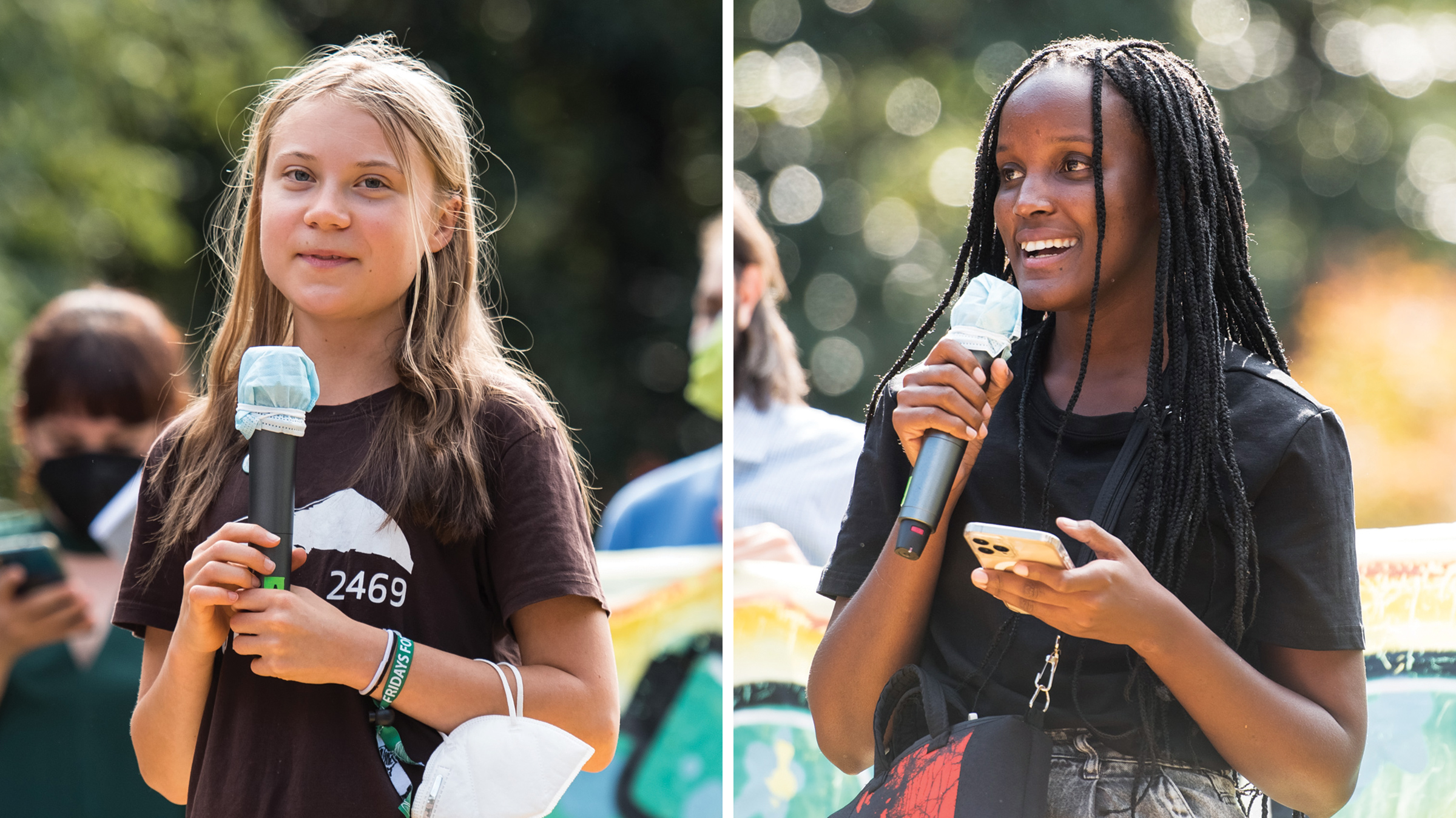 Greta Thunberg and Vanessa Nakate speak at the Fridays for Future demonstration in Milan, on Oct. 1.