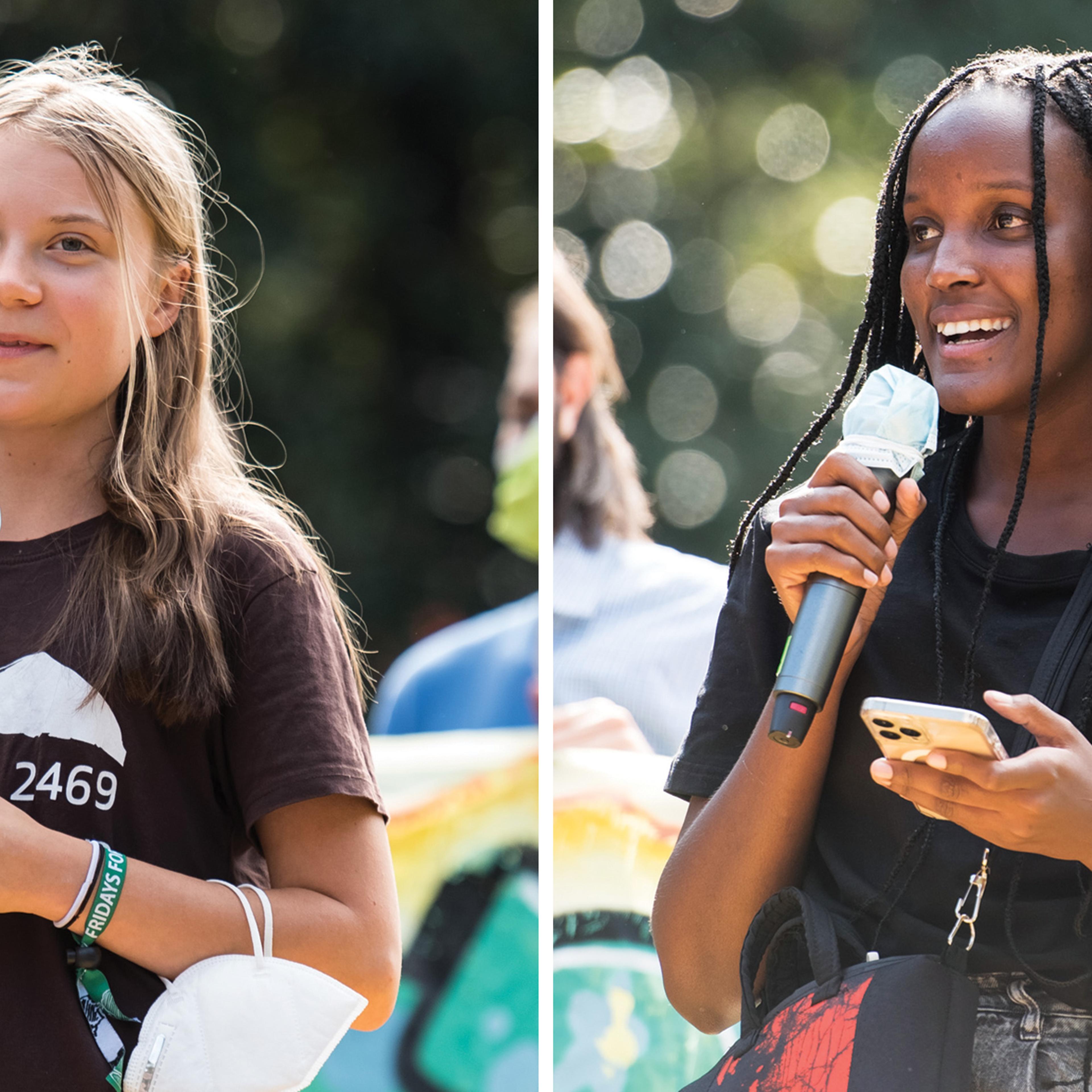 Greta Thunberg and Vanessa Nakate speak at the Fridays for Future demonstration in Milan, on Oct. 1.