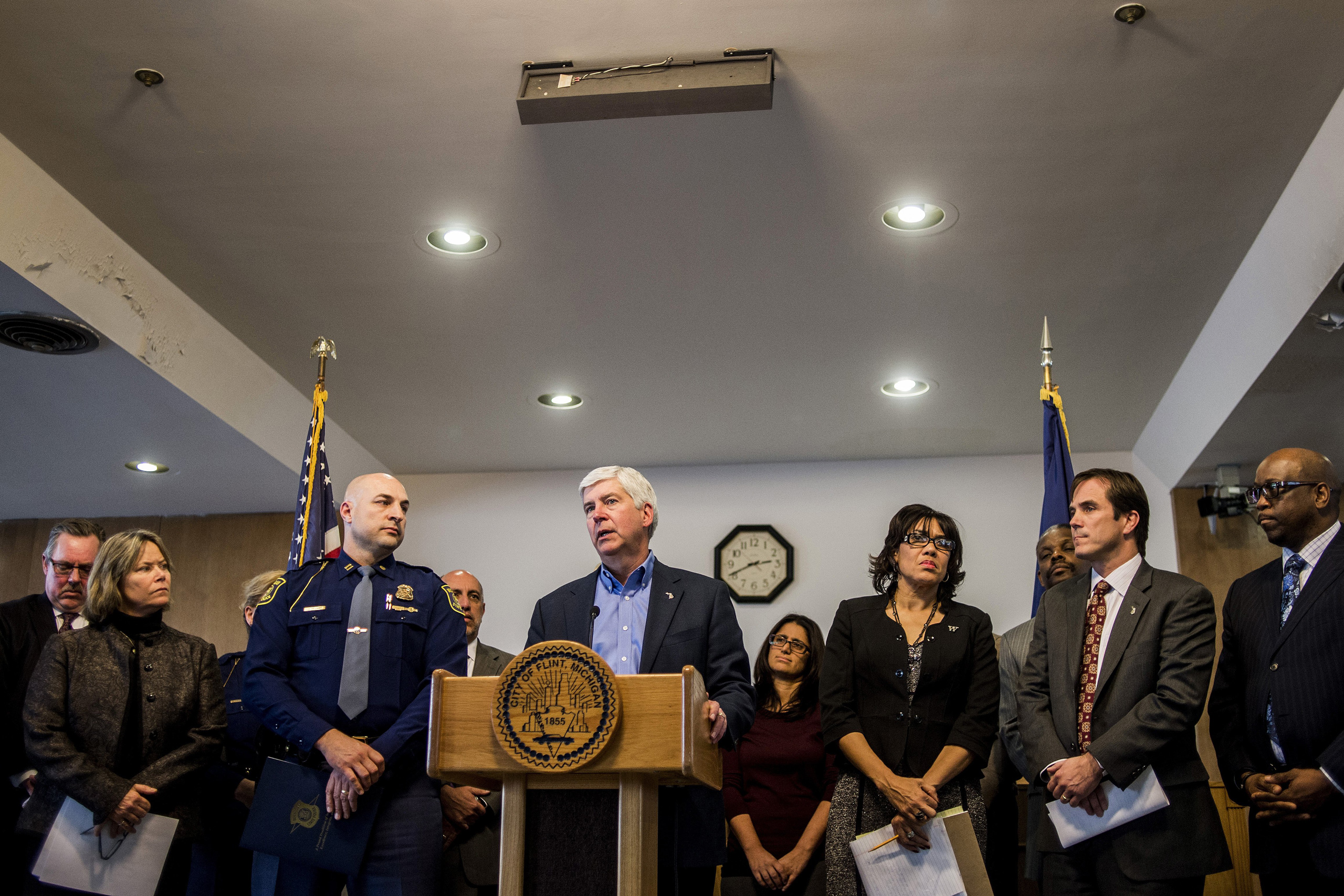 Michigan Gov. Rick Snyder speaks during a news conference in Flint, Mich., Monday, Jan. 11, 2016. Snyder pledged Monday that officials would make contact with every household in Flint to check whether residents have bottled water and a filter and want to