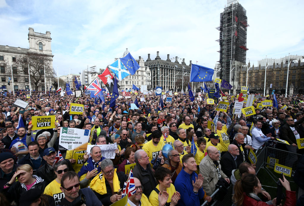 Anti-Brexit campaigners gather in Parliament Square, as they take part in the People's Vote March