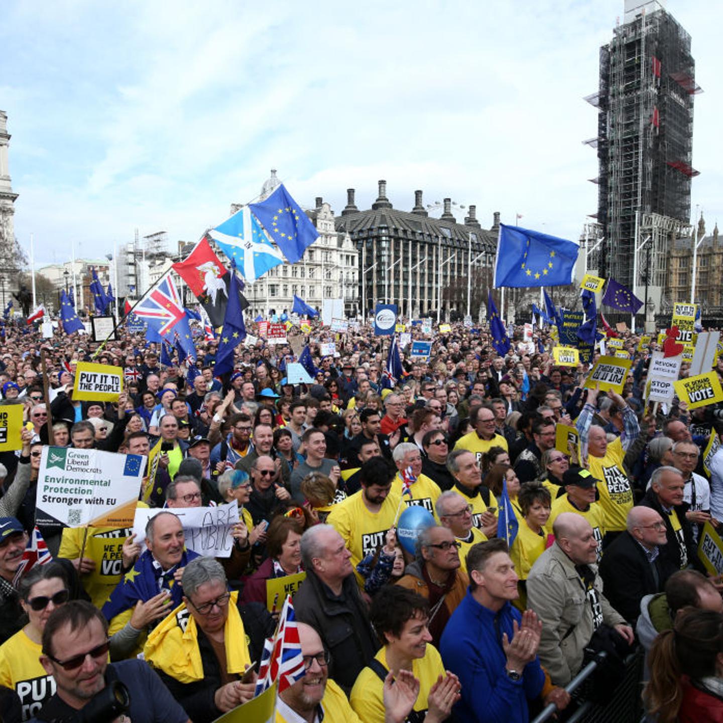 Anti-Brexit campaigners gather in Parliament Square, as they take part in the People's Vote March