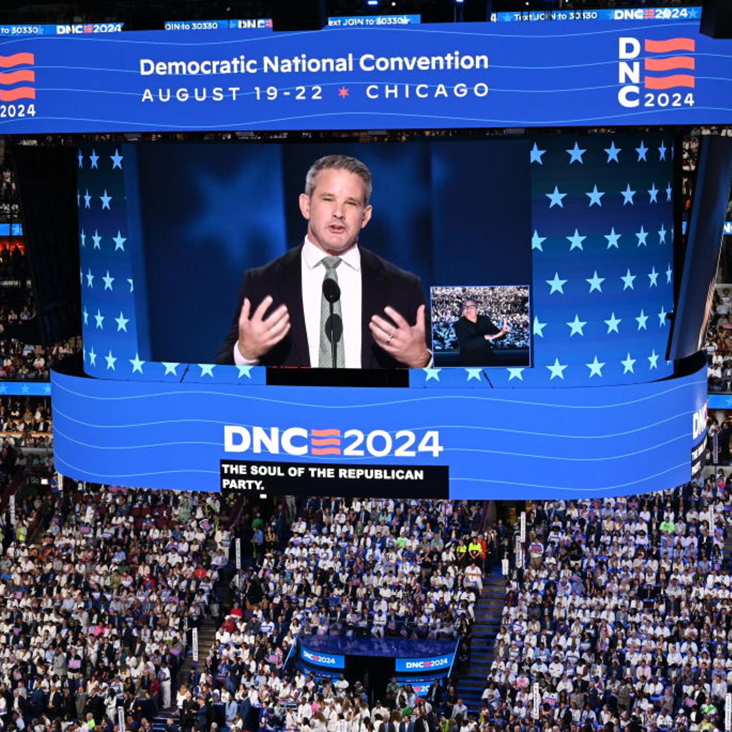 Former Rep. Adam Kinzinger, a Republican from Illinois speaks during the Democratic National Convention (DNC) at the United Center in Chicago, Ill., on Aug. 22, 2024.