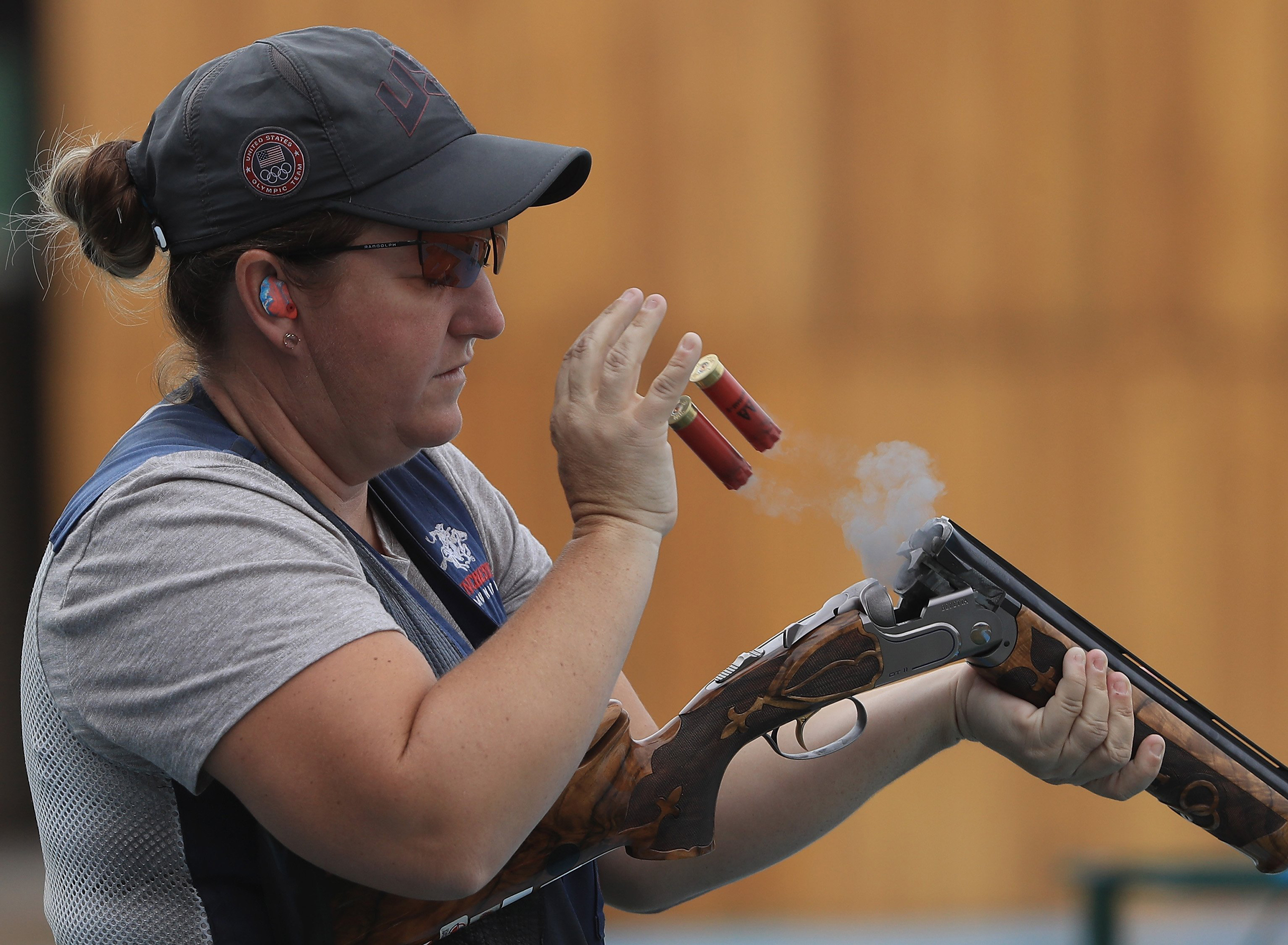 Kim Rhode of the United States shoots in a training session prior to the start of the Rio 2016 Olympic Games at the Olympic Shooting Centre in Rio de Janeiro, Brazil, on Aug. 4, 2016.